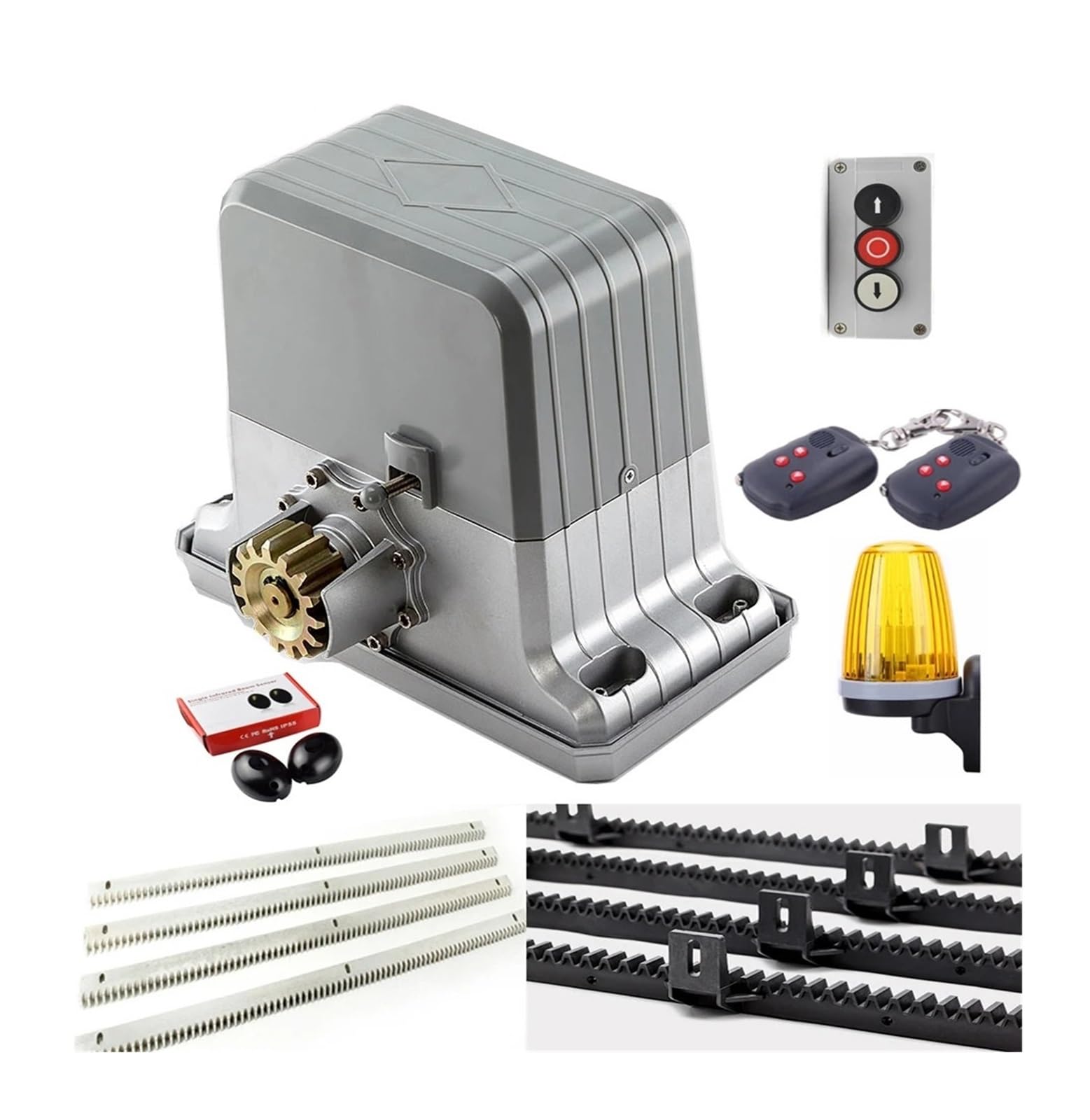 Heavy Duty 1800kgs Sliding Gate Motor Operator with 4m 5m 6m Gear Racks 1 Infrared Photocells 1 Flashing Lamp(Nylon Rack 4m)