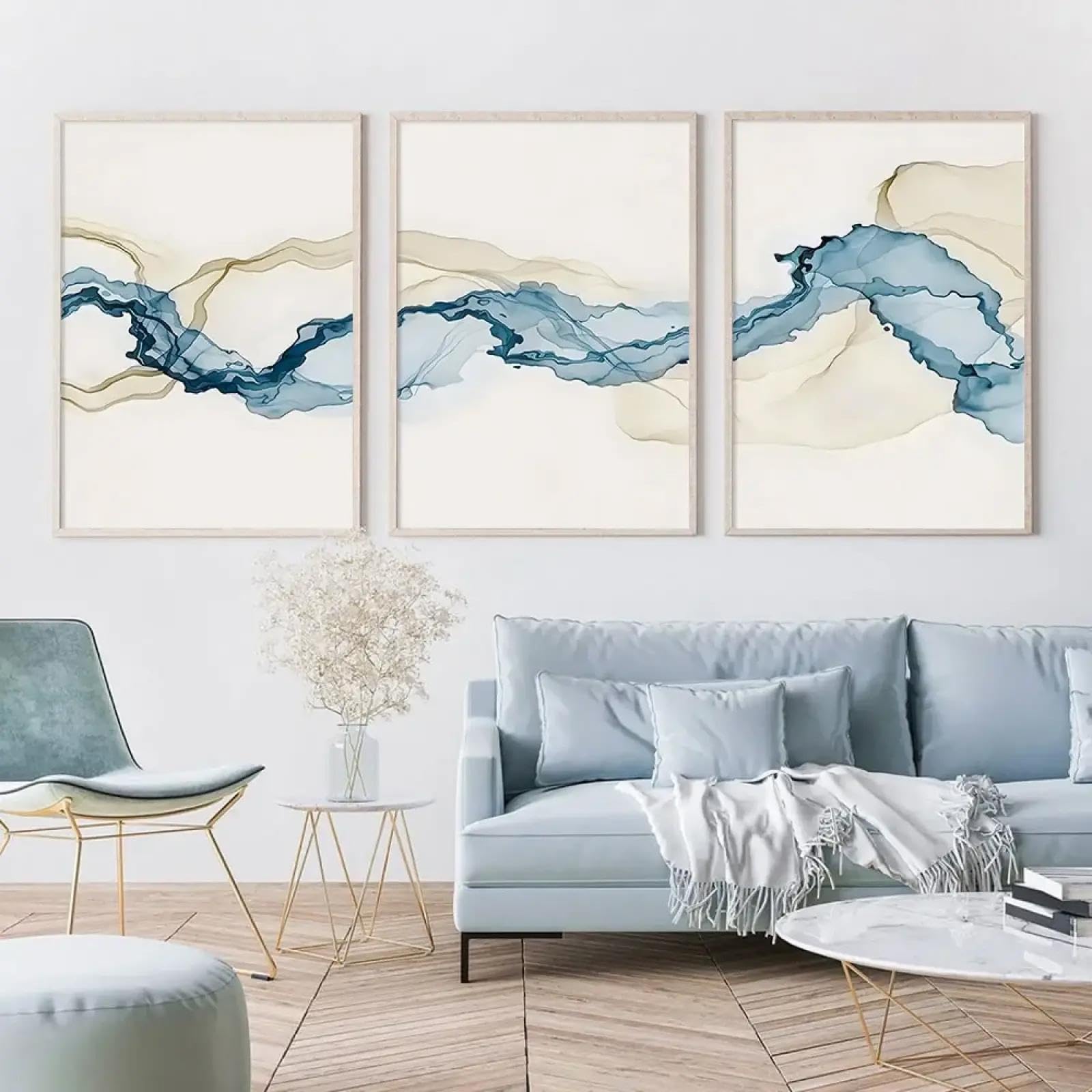3er Abstrakt Poster Set Blau Wandbilder Kunst Leinwandbilder Modern Einfach Kunstdruck Deko Wandbilder für Schlafzimmer Küche Esszimmer Badezimmer und Büro 50x70 cm (mit Weiß Rahmen)