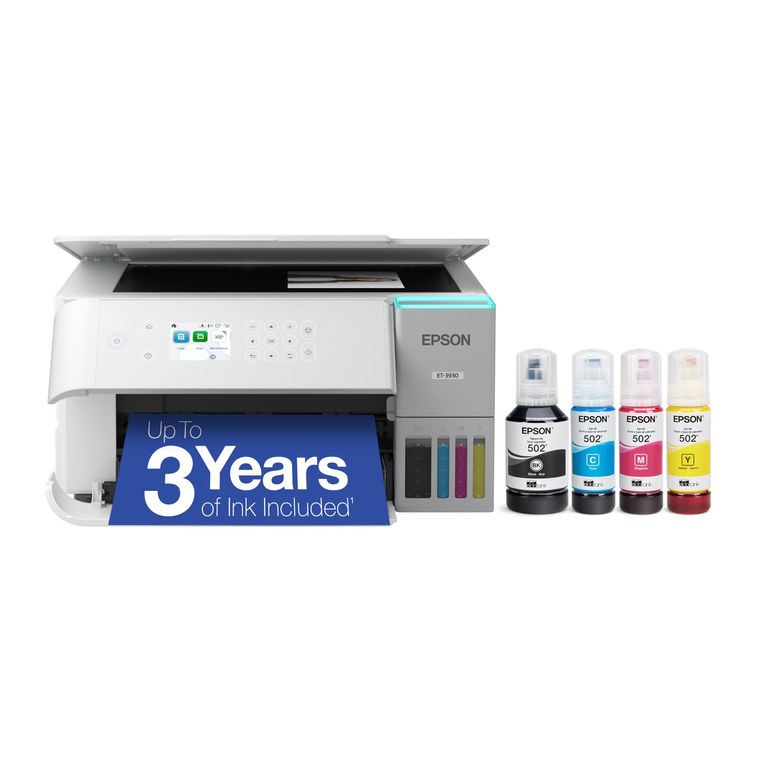 Epson EcoTank ET-3930 Wireless All-in-One Color Supertank Printer with up to 3 Years of Ink, Refillable Tanks, Perfect for Home, 18 PPM, 2.4" Colour Screen, Auto 2-Sided Printing – White