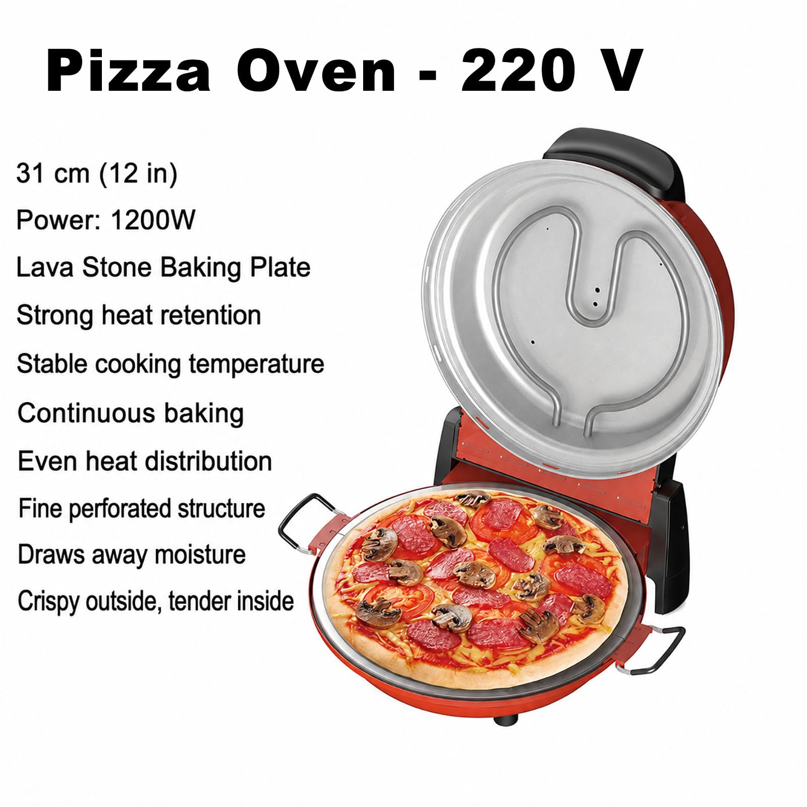 Elektryczna maszyna do pizzy 12 cali, 1200 W, piec do pizzy z płytą do pieczenia kamienia wulkanicznego, kompaktowy piec do pizzy do użytku domowego