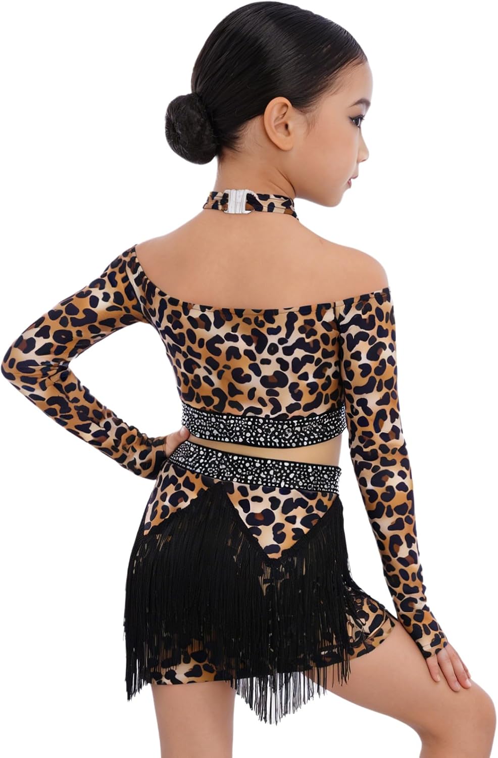 Kids Girls Latin Dance Outfit Halter Leopard Crop Top Fringe Skirt Tassel Ballroom Tango Samba Dancewear Brown 14 Years