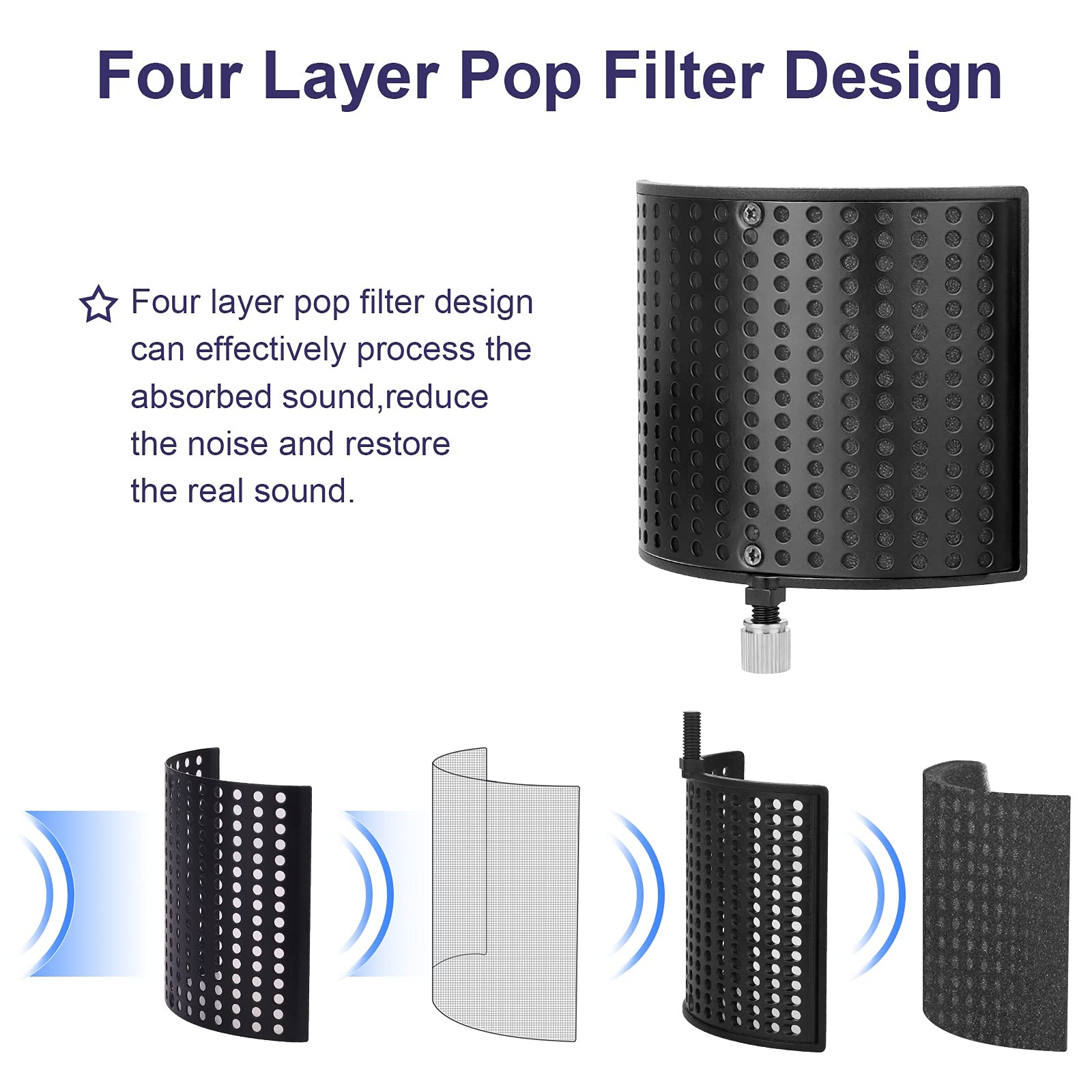 Filtro anti-pop per microfono, in rete metallica, a tre strati, copertura antivento per microfoni