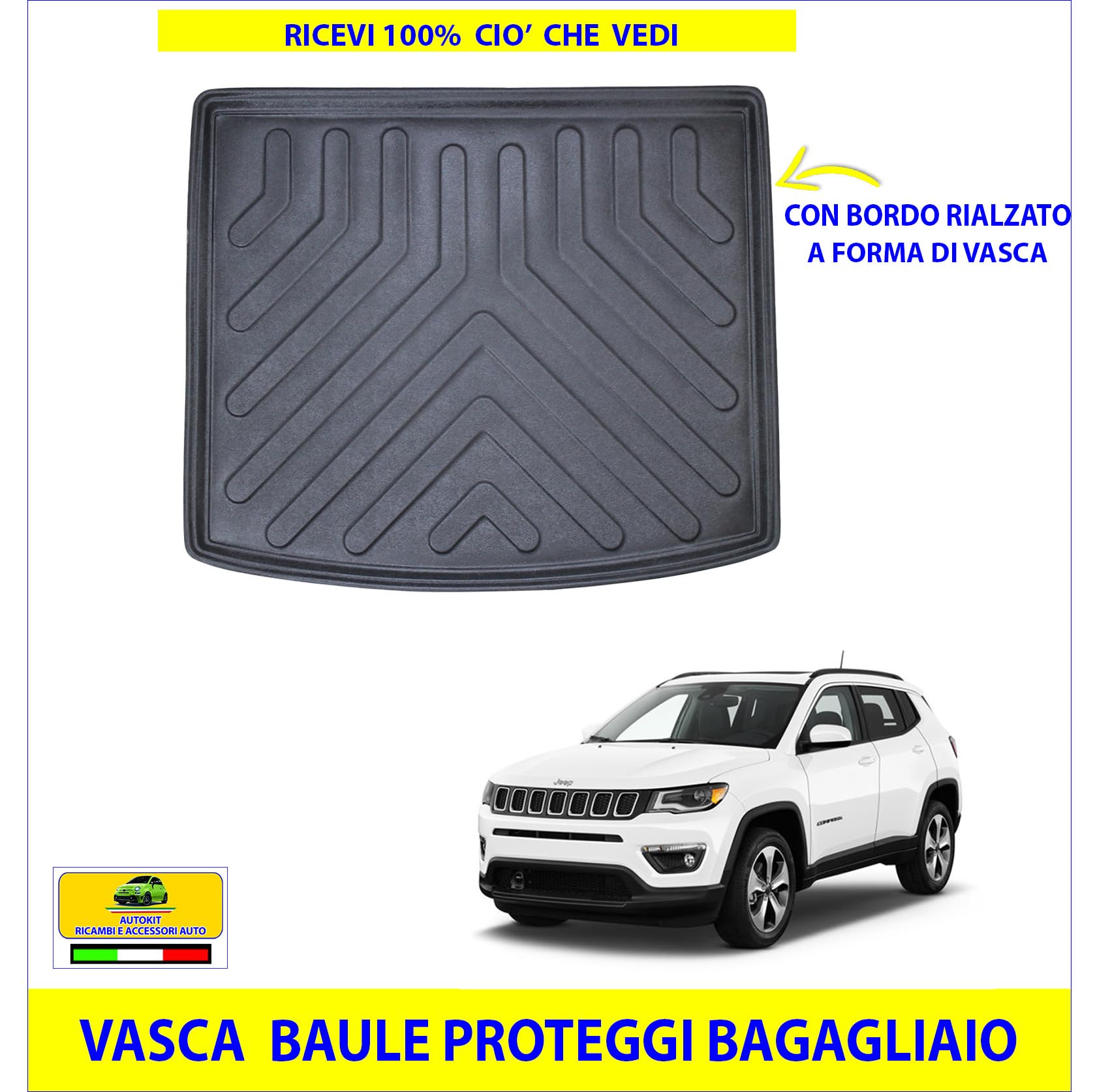 Vasca Baule Specifica COMPATIBILE con Compass prodotte dal 2017 in poi (con Pianale del bagagliaio in posizione sia alta che bassa) Proteggi Bagagliaio con bordino rialzato 3D lavabile - 8005605