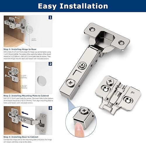 Miniatura 5 de ELEBUILD Paquete de 20 bisagras de gabinete de cocina, bisagras de gabinete de cocina superpuestas completas, ajuste de 3 vías en bisagras de placa