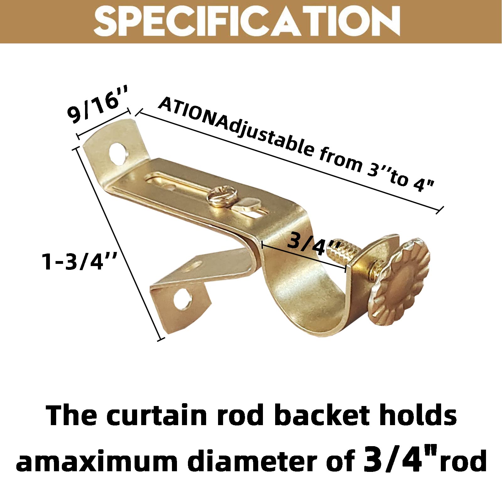Kowibcl Curtain Rod Brackets, Set of 2, Curtain Rod Holder for 3/4 inch Rod to The Wall, Gold