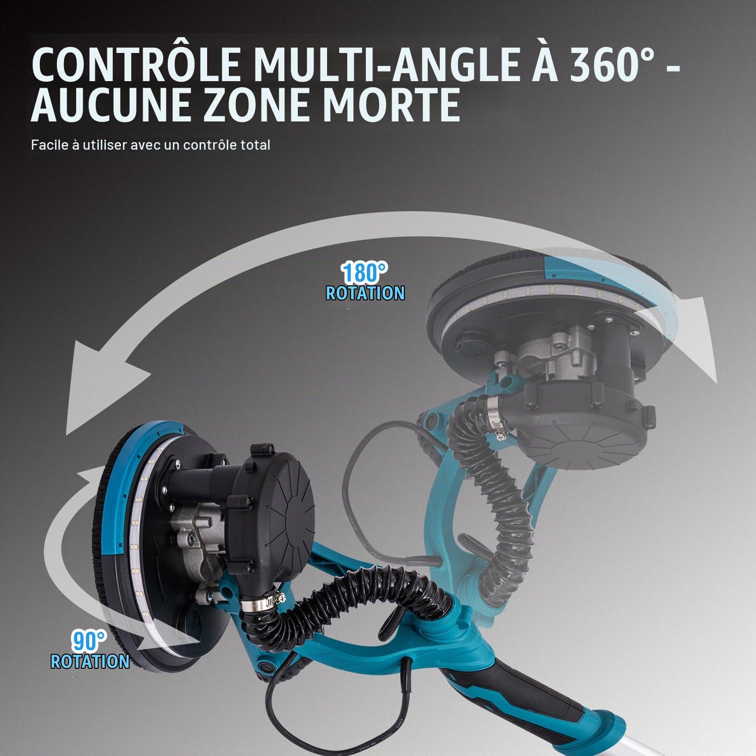KATSU Tools Ponceuse Électrique pour Cloisons Sèches 800W avec Poignée Télescopique Pliable, Aspiration Automatique de la Poussière, Lumière LED, Vitesse Variable, dans un Étui