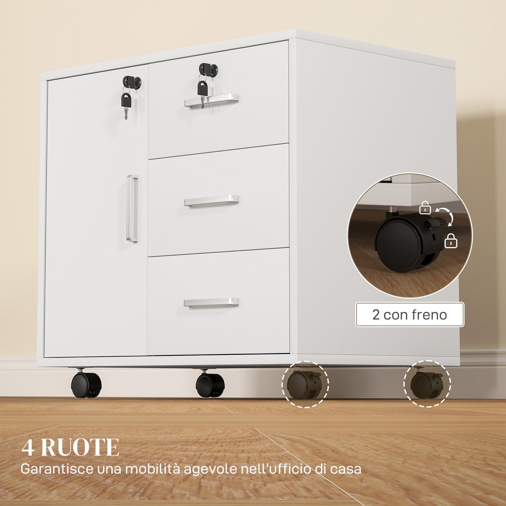 HOMCOM Schedario per Ufficio con 3 Cassetti e Armadietto con 3 Ripiani Regolabili, Cassettiera Portadocumenti in Truciolato, 60x40x56 cm, Bianco