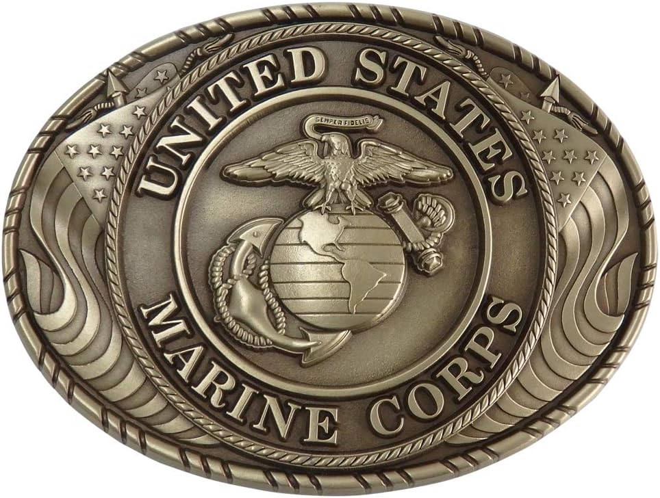 Indiana Metal Craft USMC Crest Double USA Flag Solid Brass Buckle Made In USA
