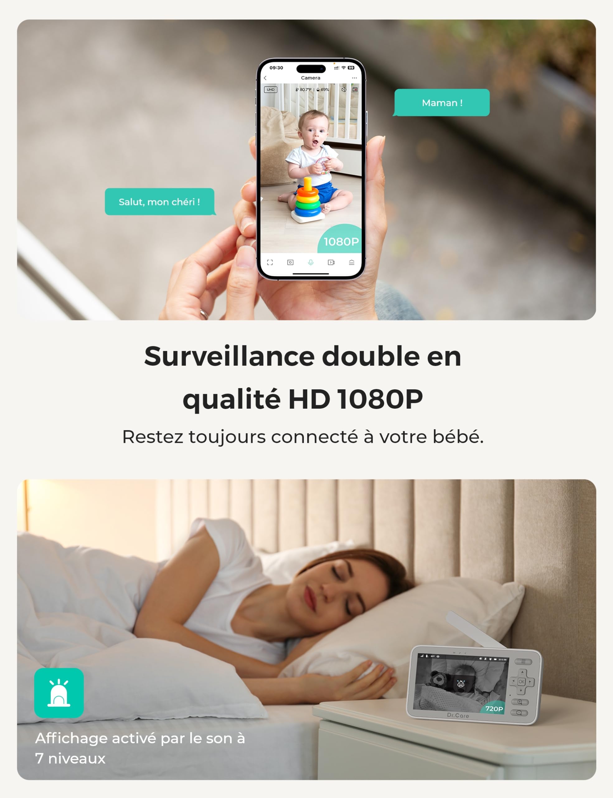 Dr.Care VistaView Lite Smart WiFi Baby Monitor et 2 Caméras, écran 4” 720P, Caméra 1080P, Appli, Aertes Mouvement, Vision Nocturne, Batterie 3000mAh, Audio Bidirectionnel, Portée 390m.