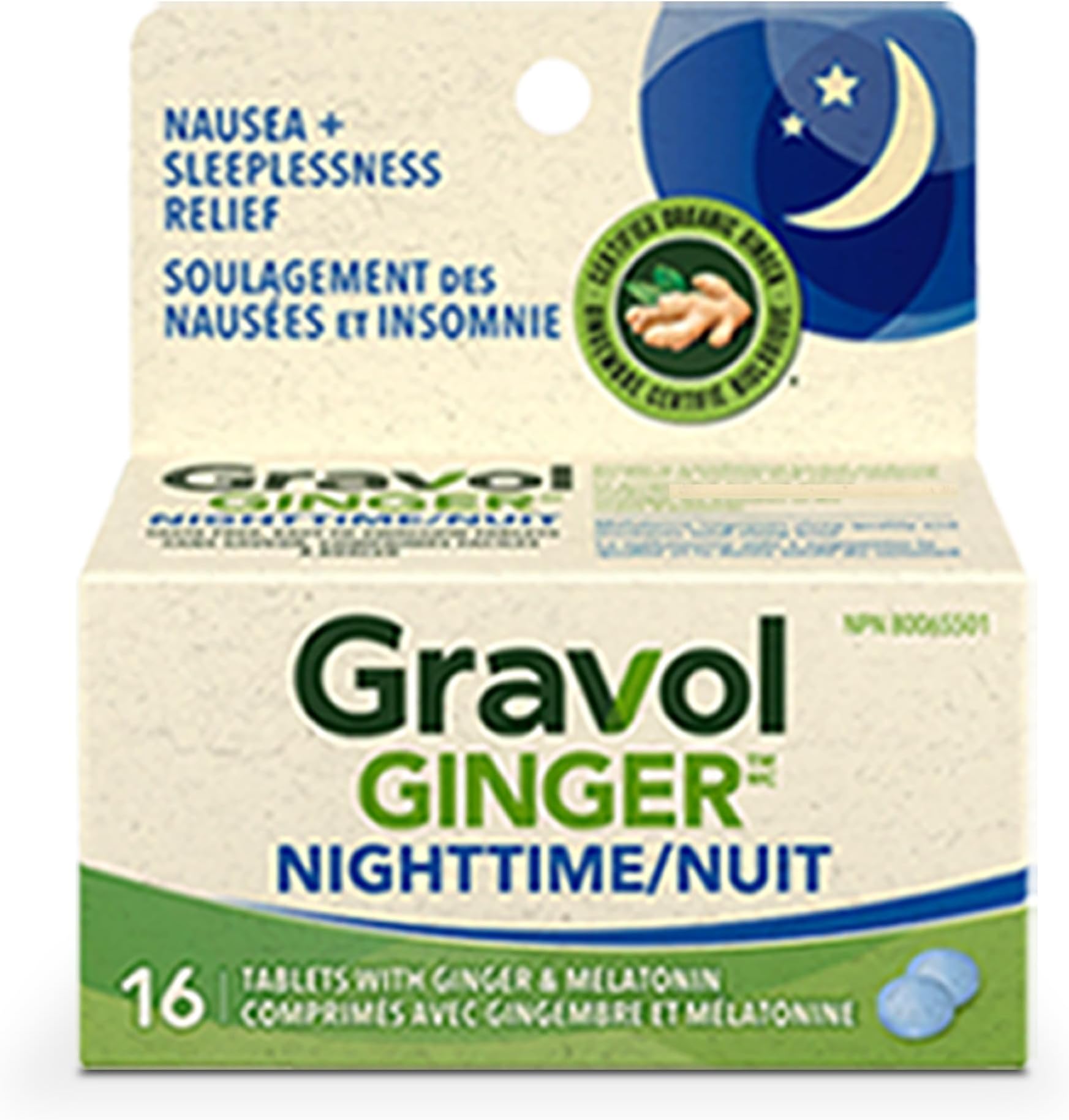 Gravol Natural Source Ginger Nighttime for Prevention and Treatment of Night time Nausea and Digestive Upset - 16 Tablets