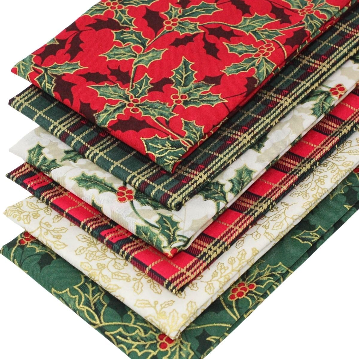 6 Fat Quarters Bundle - Tartan Tidings - Festive Fabrics in Red, Green, Ivory and Gold. 100% Cotton Ideal for Xmas Quilting, Patchwork & Crafting (Includes Free Patchwork Pattern by Overdale Fabrics)