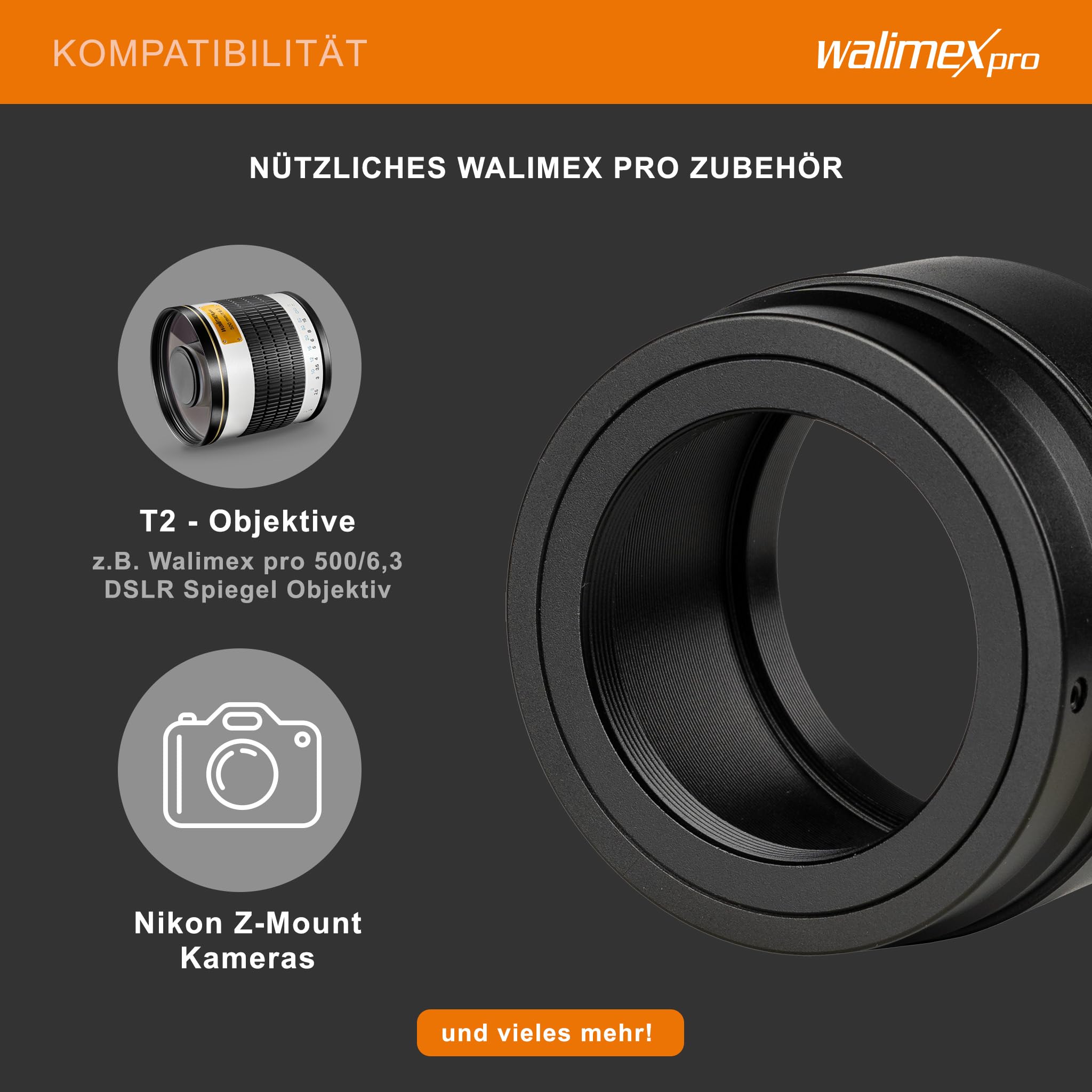 Walimex pro Adattatore T2 per Nikon Z – Anello adattatore con messa a fuoco manuale, facile da usare, anello di collegamento per obiettivo compatibile con Nikon Z6, Nikon Z7, Nikon Z50, Nikon Z5,