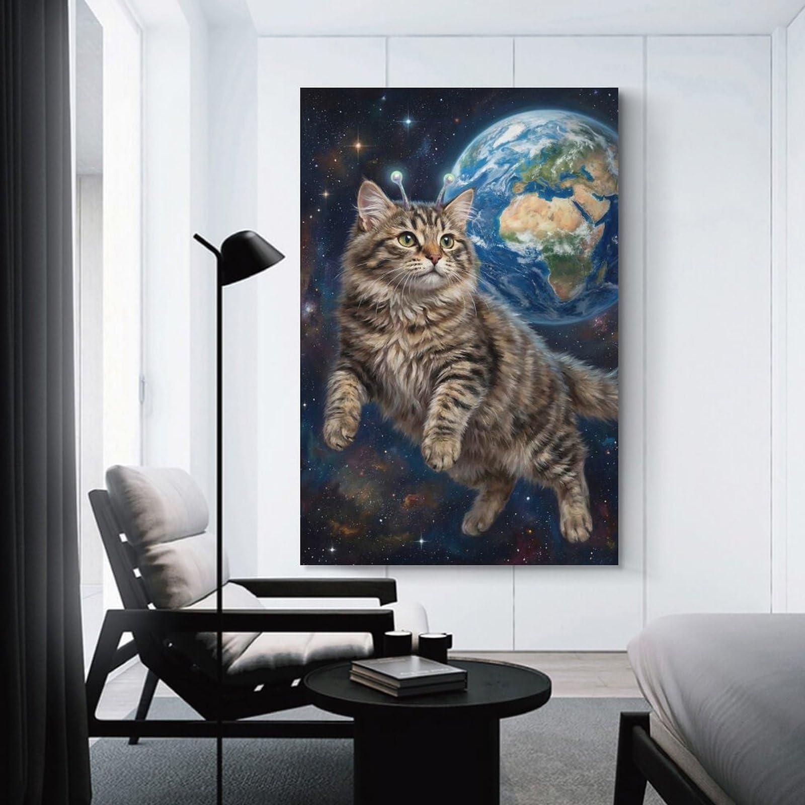 Junmoney Unframe-Style Cat In Space With Earth Room Decor Wall Art 20X30inch(50X75cm), For Lounge Decor, Offices Or Entryway Styling, A Flexible Wall Accent For Shared Spaces