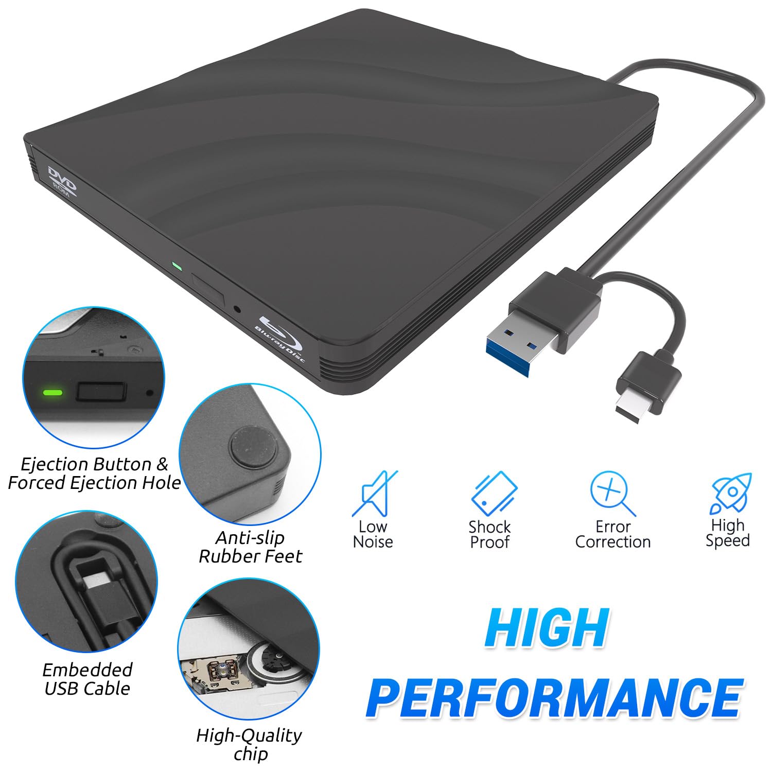 8 en 1 Lecteur Blu-Ray Externe Lecteur DVD BD Lecteur Blu Ray avec USB 3.0 Type-C Portable Lecteur Blu Ray Externe 3D CD DVD Optical Bluray Drive pour PC Windows 10 8 7
