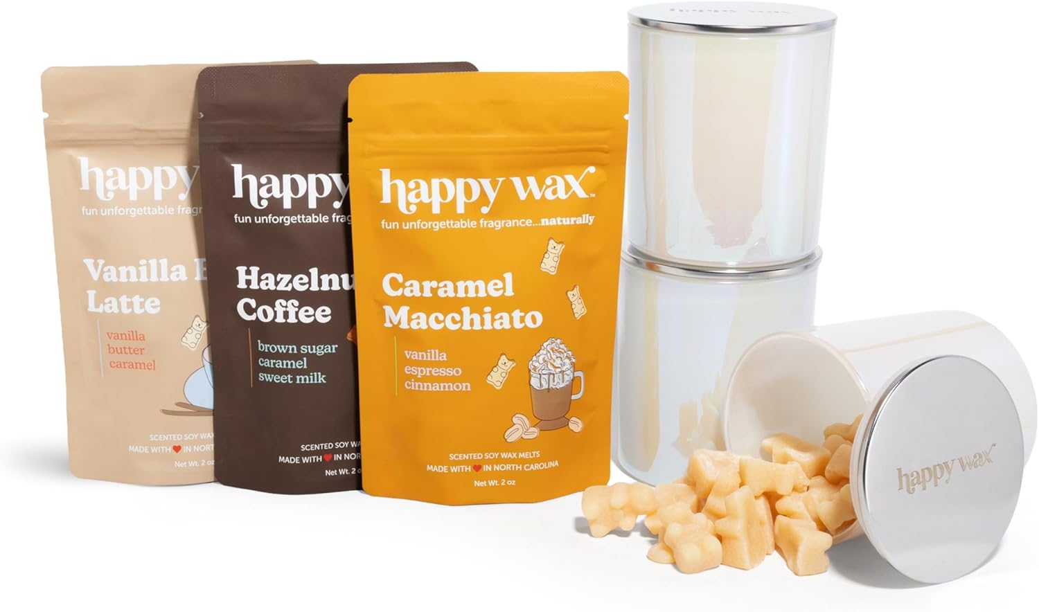 Happy Wax Coffee Mix Scented Wax Melt Collection with Three Opalescent Glass Storage Jars - Non-Toxic & Pet Safe -Includes 6 Total Oz: Hazelnut Coffee, Vanilla Bean Latte and Caramel Macchiato