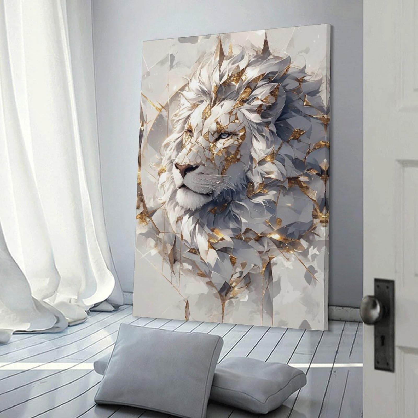 Junmoney Majestic White Lion with Gold Accents Canvas Wall Picture 16x24inch(40x60cm), for Entryway, Lounge Links Or Small Walls, Decorative Canvas Styling for Entry Areas
