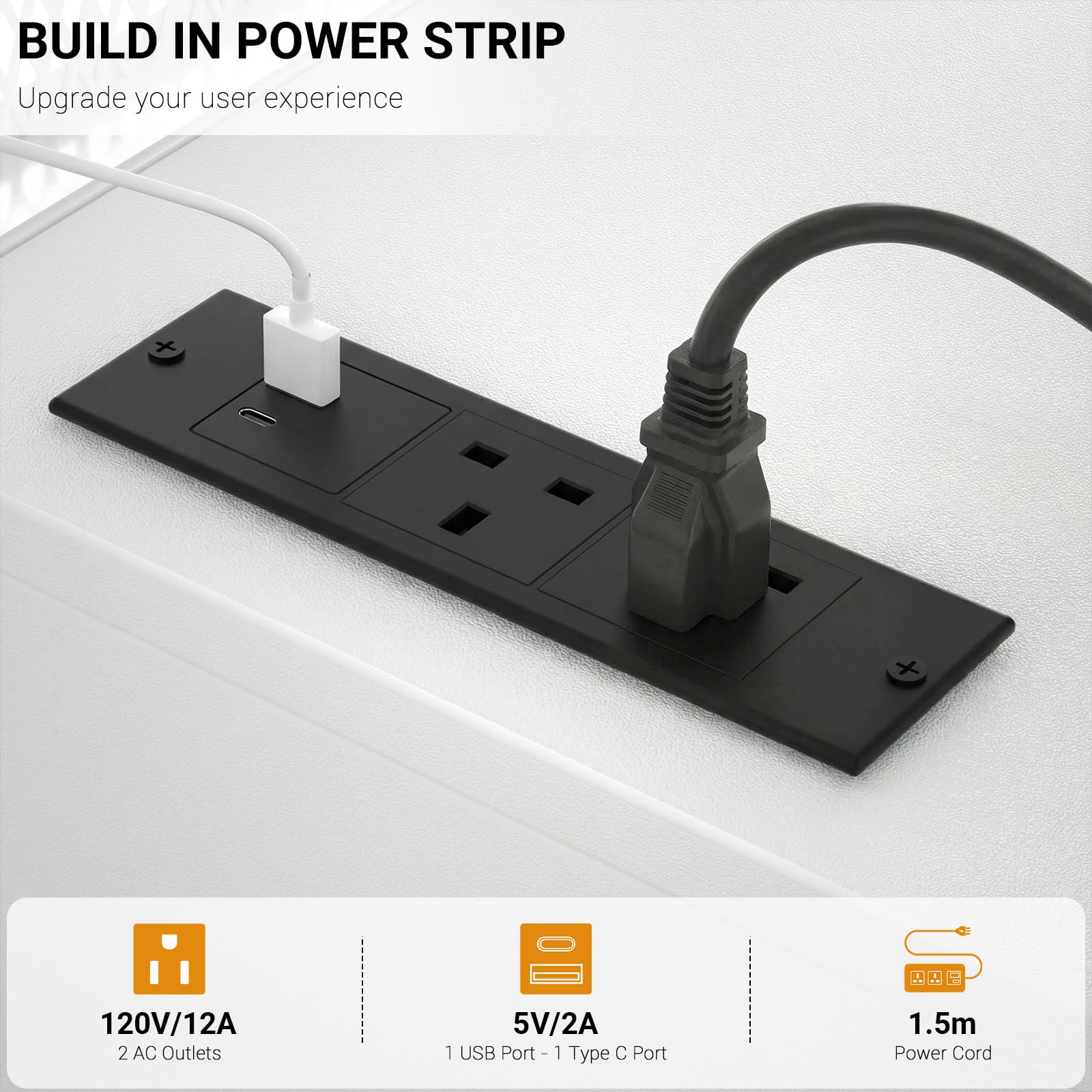 iSunirm Scrivania per computer con strisce elettriche, scrivania da gioco con luci LED, scrivania da lavoro per casa e ufficio con ripiano per monitor, bianca