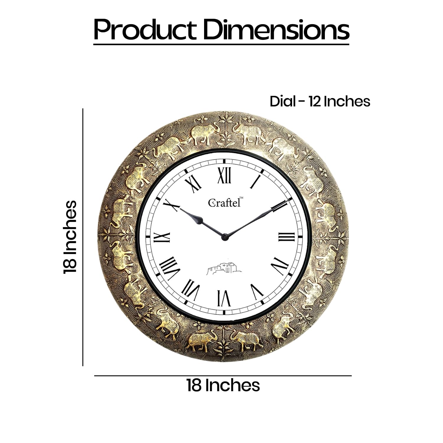 CRAFTEL Brass Embossed Roman Dial Analog Wall Clock Handcrafed Antique Clock For Bedroom Living Room Home And Office (18 Inch, Gold) 2