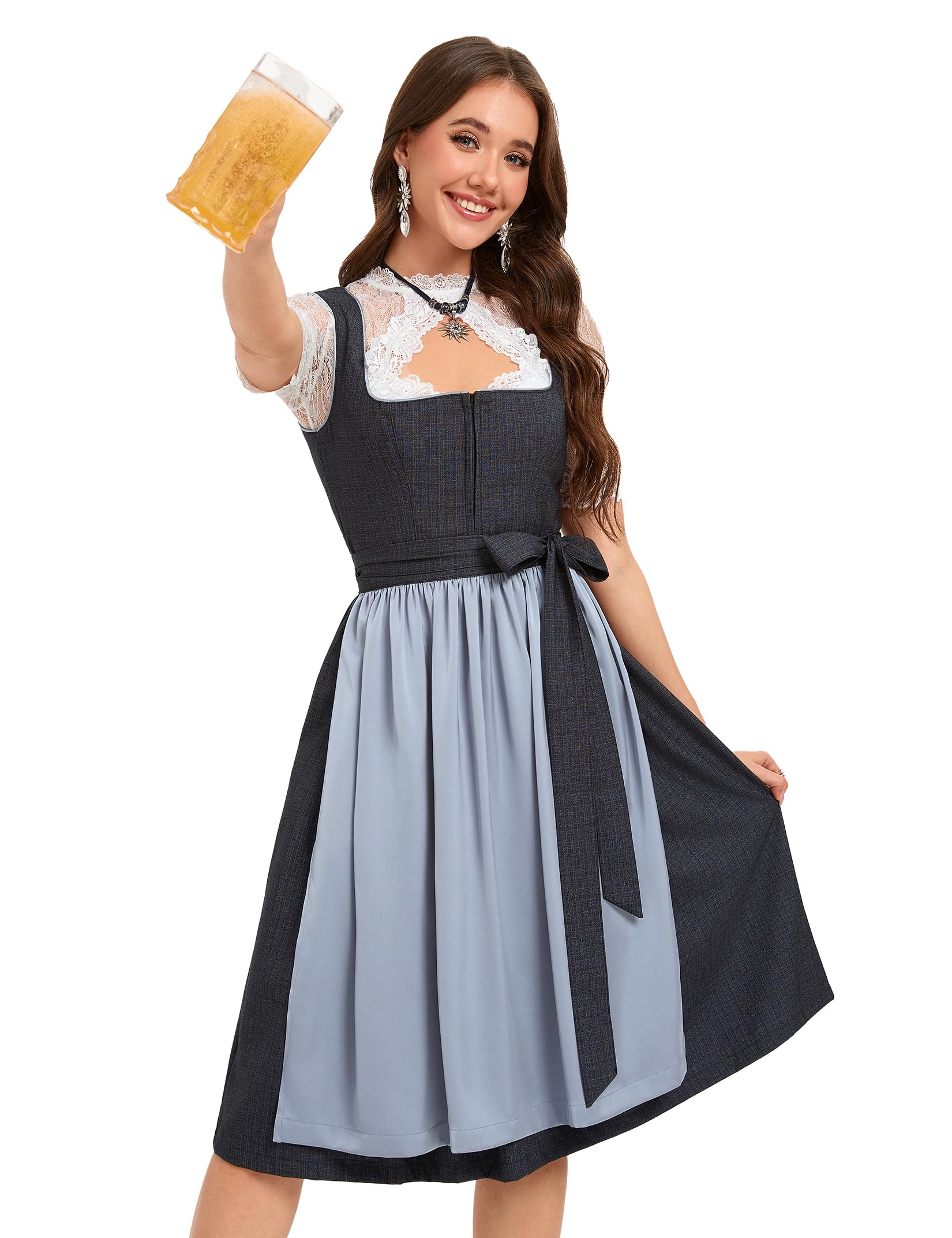 YesFashion Dirndl Damen Set 3tlg. Exklusives Trachtenkleid Jacquard, Schürze und Spitzenbluse Midi Dirndl für Oktoberfest