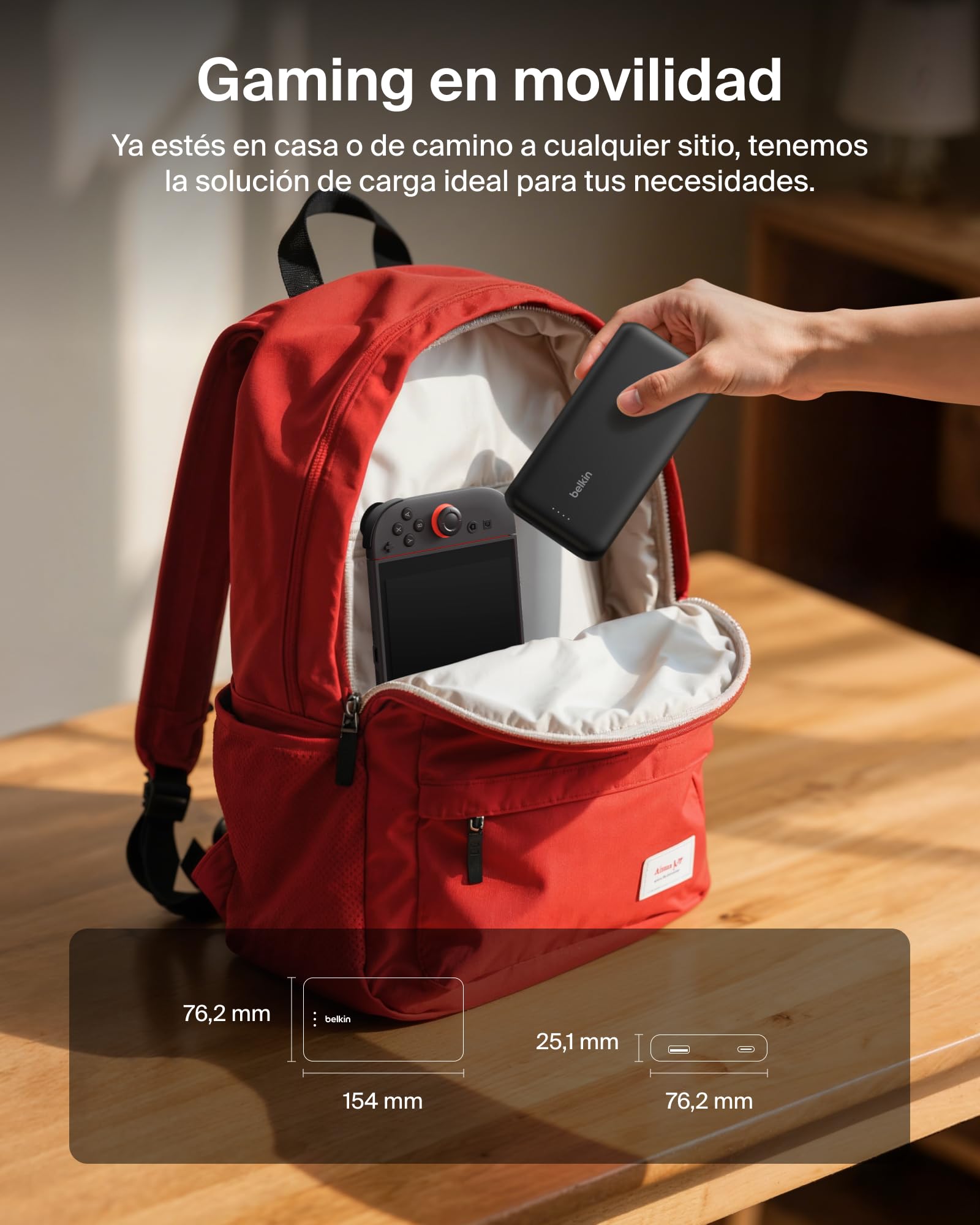 Belkin Gaming batería Externa de 30 W con Cable USB-C Integrado y 20000mAh de Capacidad, Carga rápida USB-C PD, Cargador portátil para Nintendo Switch 2, iPhone 16, iPad Pro y Galaxy S25, Negro