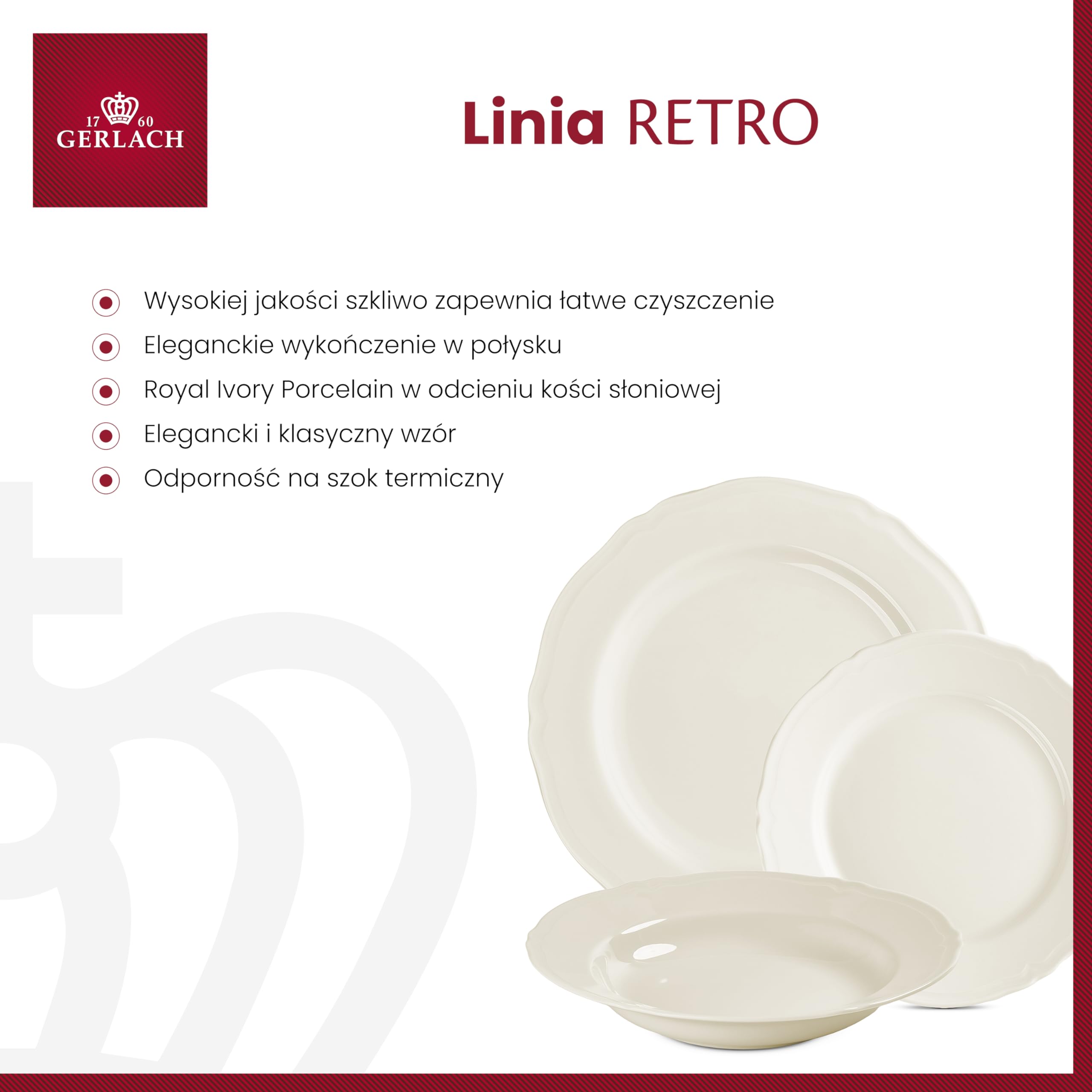 Gerlach Retro Zestaw Talerzy Obiadowych Dla 6 Osób Komplet Porcelanowych Talerzy 18 Elementów Serwis Obiadowy Talerze z Porcelany W Kolorze Kości Słoniowej