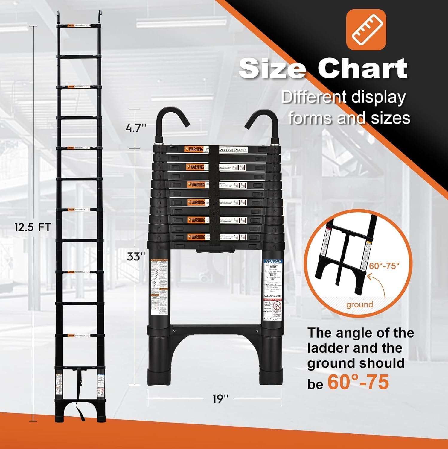 Telescoping Ladder, SocTone 12.5 FT Aluminum Lightweight Extension Ladder with 2 Triangle Stabilizers, Heavy Duty 330lbs Max Capacity, Collapsible Ladder with Hooks for RV or Outdoor Work