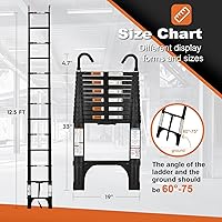 Vista 2 de Soctone - Escalera telescópica, escalera de extensión ligera de aluminio, 12.5 pies, 2 estabilizadores triangulares, capacidad máxima de 330 libras