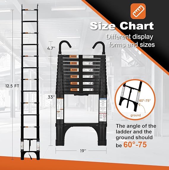 Soctone 12.5FT Telescoping Ladder, Stabilizers & Hooks, Extension Ladder