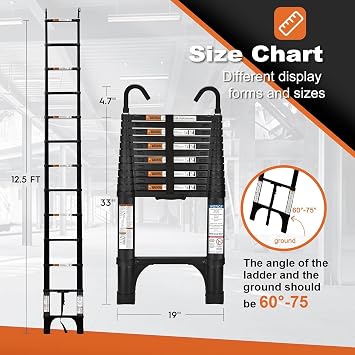 Soctone 12.5FT Telescoping Ladder, Stabilizers & Hooks, Extension Ladder