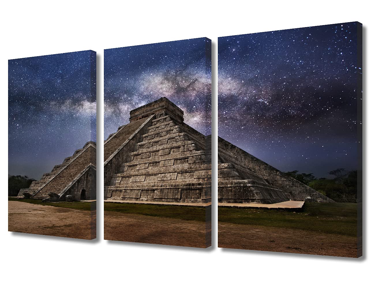 Pictures for Living Room Pyramid of Mayan Chichen Itza Painting 3 Panel Canvas Nightscape Wall Art Ancient Mexico Aztec Temple Artwork Modern Home Decor Wooden Framed Giclee Ready to Hang, 36"Wx24"H