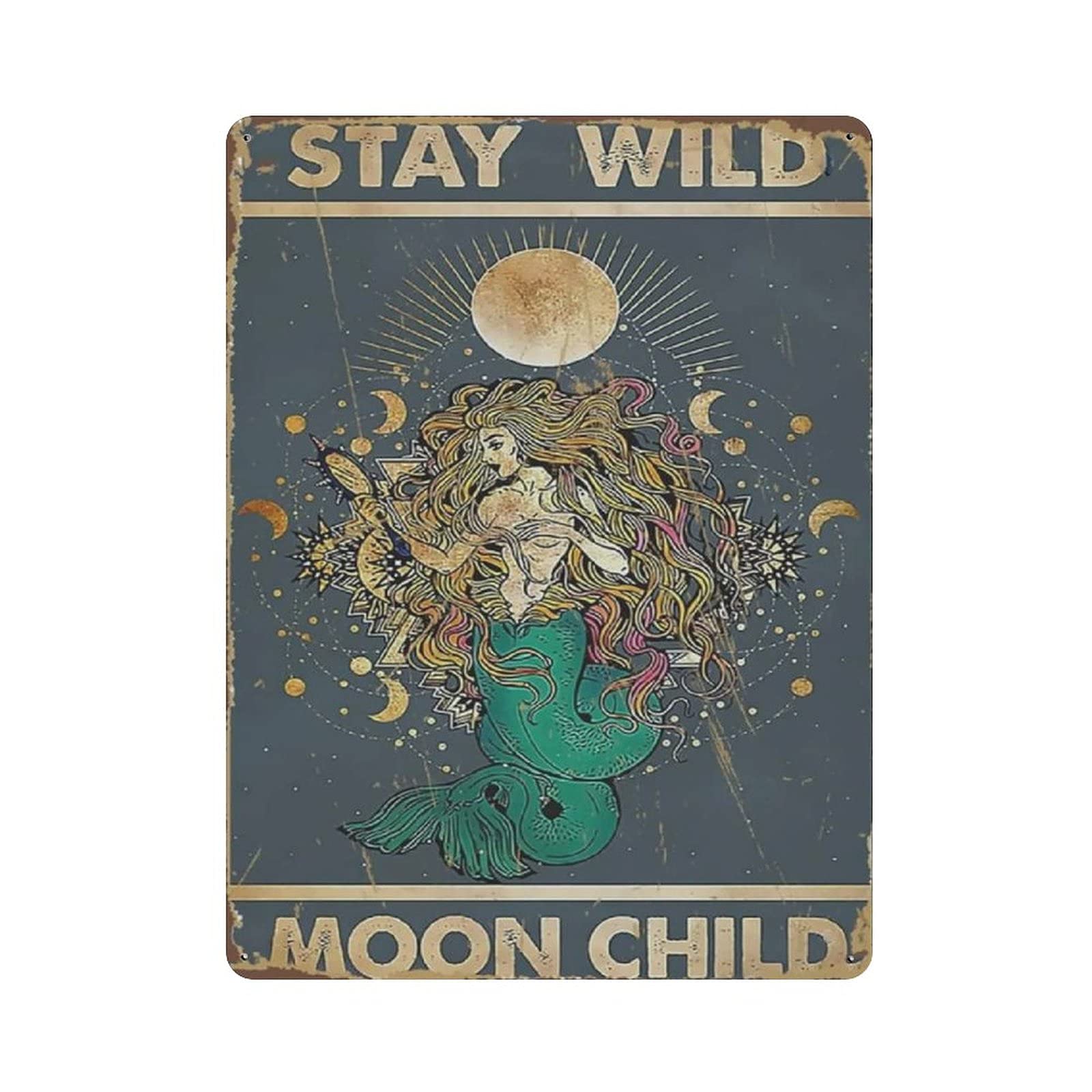 Metal Tin Sign Stay Wild Mermaid Vintage Tin Poster Metal Sign Wall Decoration Country Kitchen Home Garage Decor 16"x12"