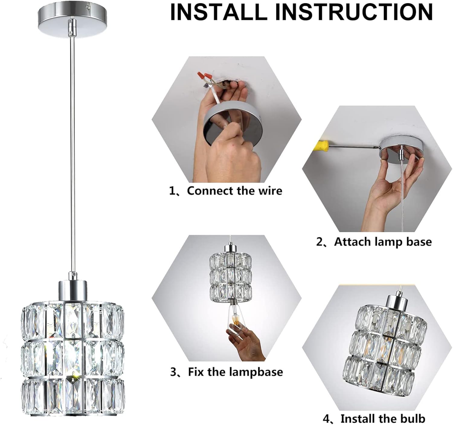 3 Pack Chrome Crystal Pendant Light, Mini Pendant Lights for Kitchen Island with Crystal Plate Metal Shade, Modern Concise Pendant Silver Fixture for Foyer Hallway, Dining Room