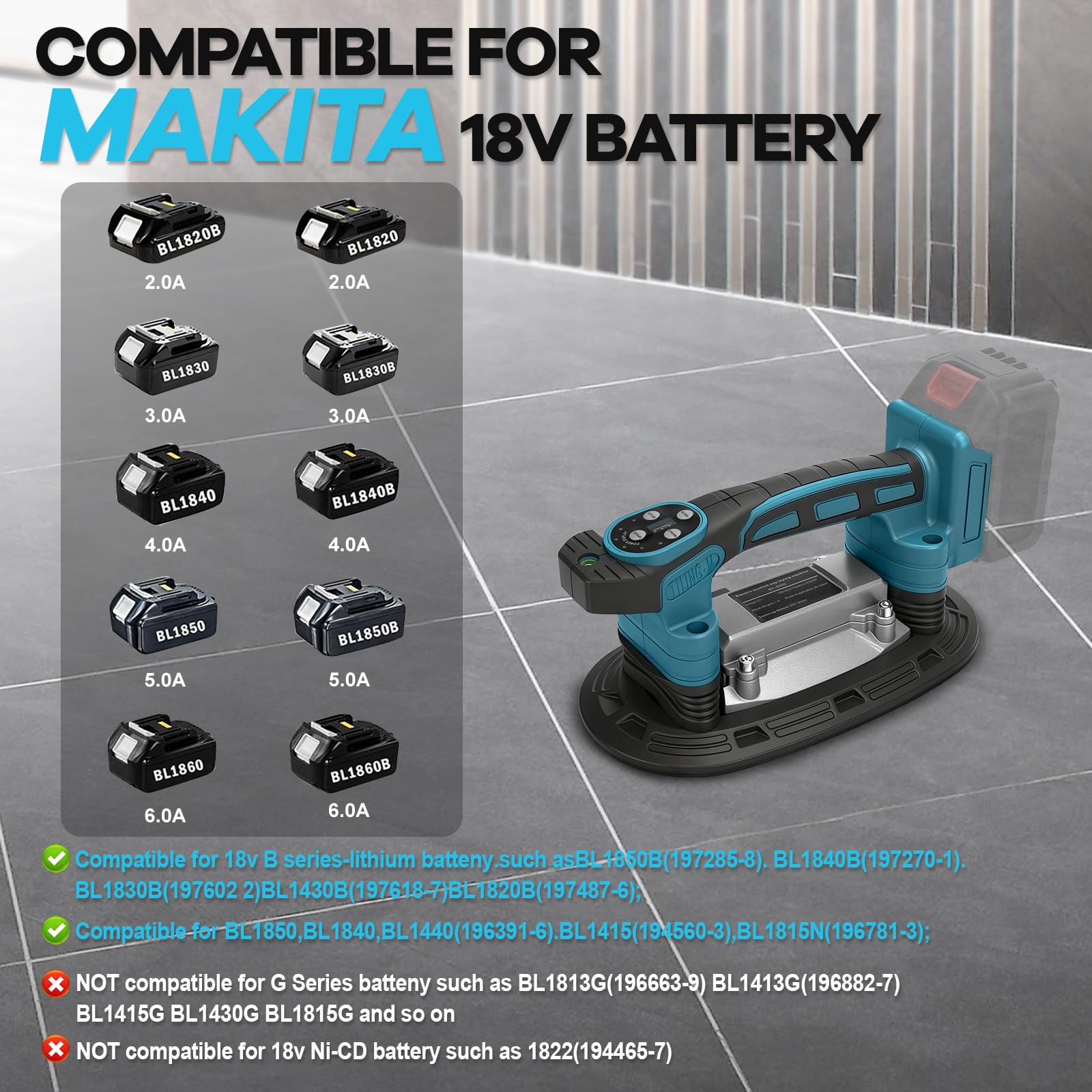 Roadtime Máquina Vibradora de Azulejos Compatible con Batería Makita de 18 V, 9 Velocidades Ajustables, Ventosa Ampliada y Absorción de 100 Kg para Colocar Azulejos de 0.3