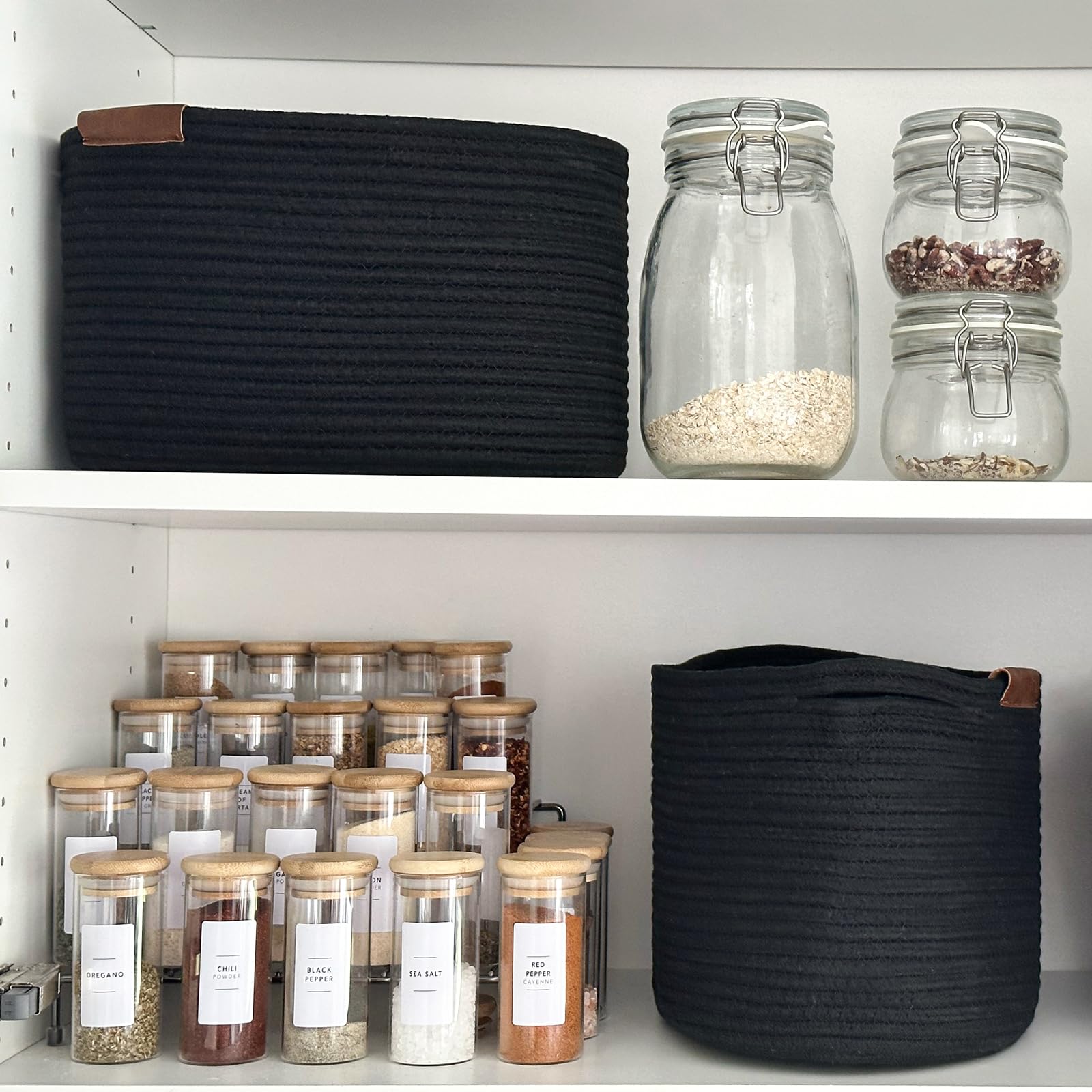 Cestas para organizar, cesta de almacenamiento con asas y etiqueta decorativa de cuero, cesta tejida para juguetes, toallas, paños, zapatos, cesta negra, 3 paquetes 2
