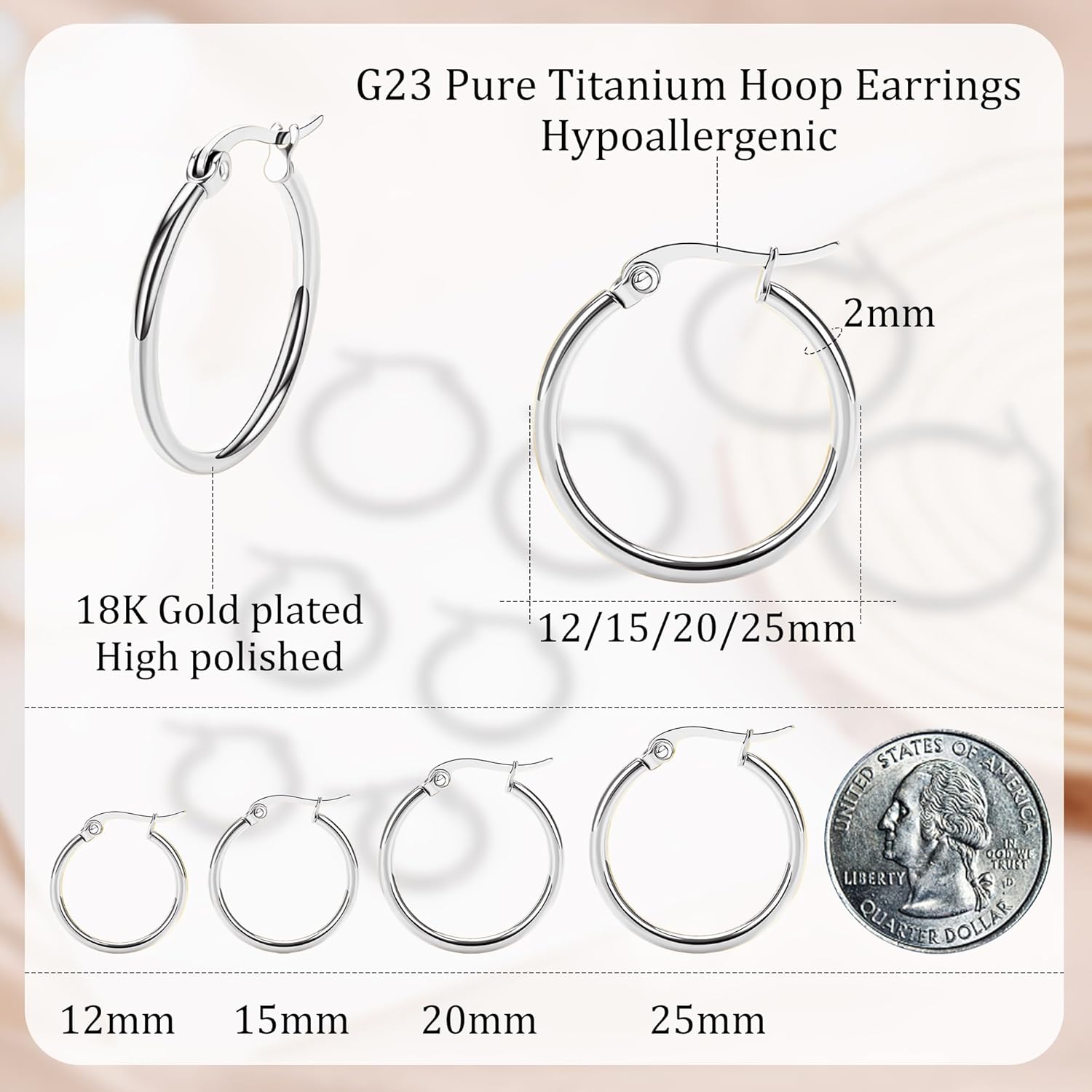 4 Pairs Titanium Hoop Earrings for Sensitive Ears Hypoallergenic Pure Titanium Earrings for Women Men G23 Lightweight Small Huggie Hoop Earrings Set 12MM 15MM 20MM 25MM - Image 2