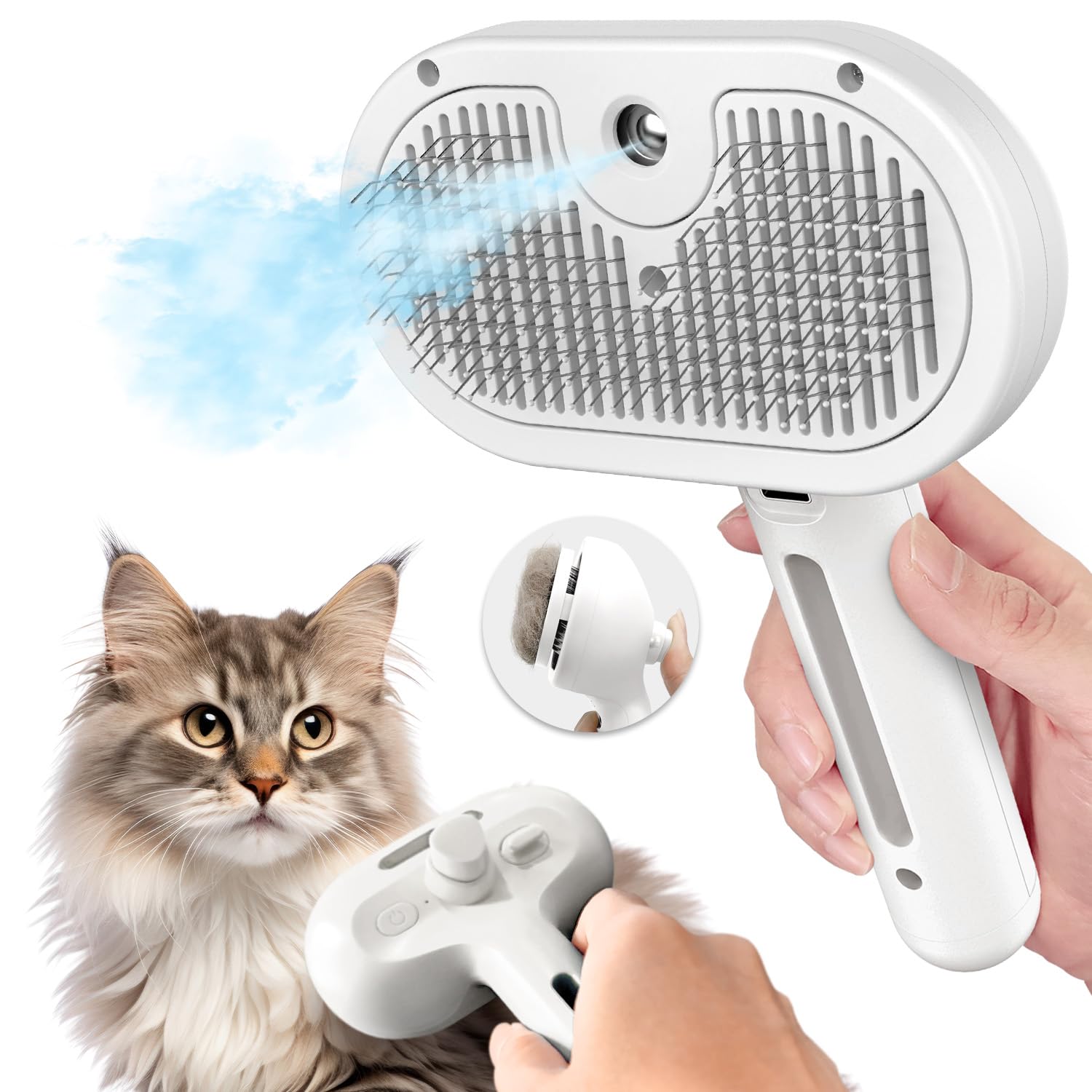 3 In 1 Self Cleaning Steamy Pet Brush – Anti-Static, Grooming Tool for Long and Short Hair Pets, Removes Loose Hair and Reduces Shedding, White