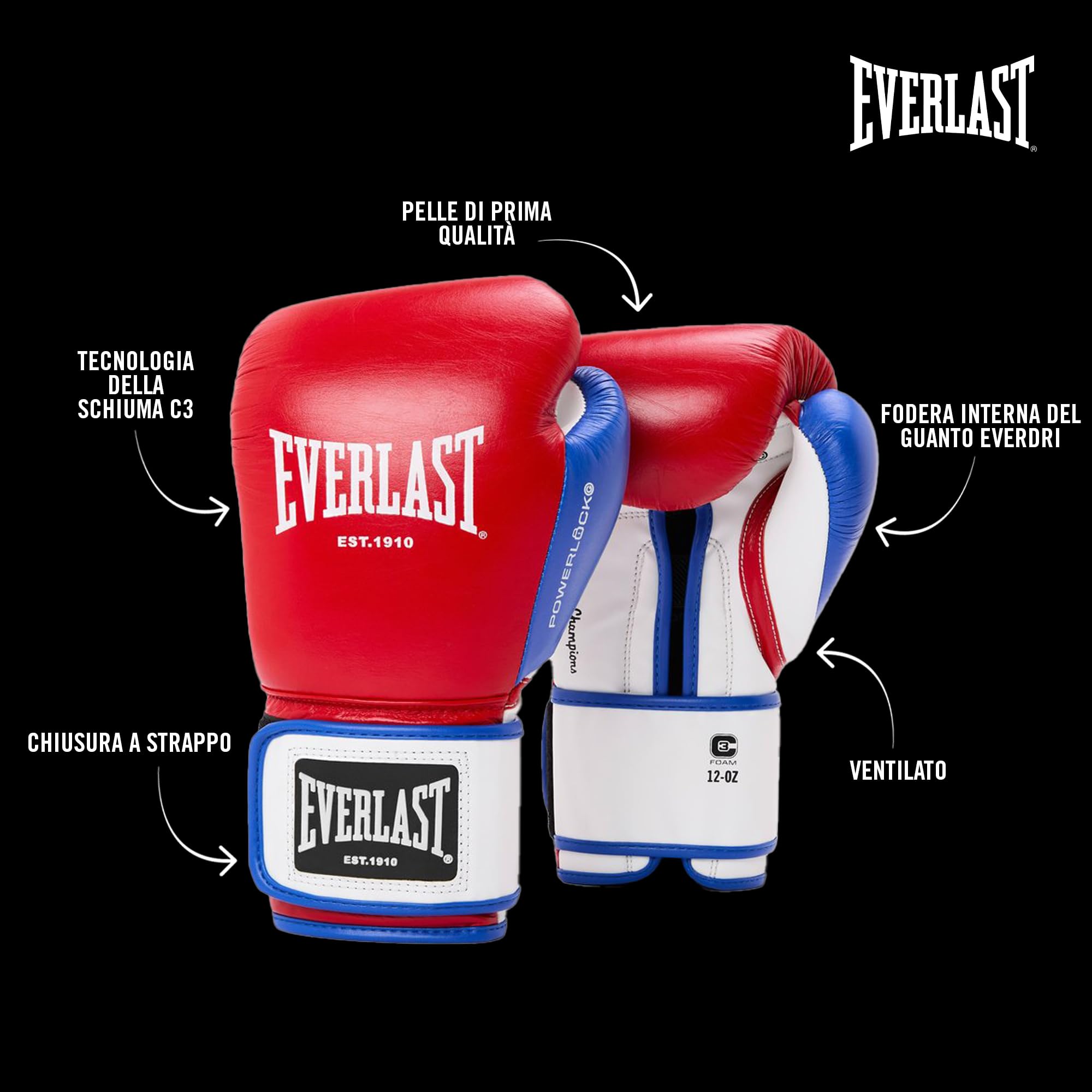 Everlast Powerlock OG Advanced Guantoni da Boxe per sacco, colpitori e sparring, chiusura a strappo, EverDri, schiuma C3, impugnatura ergonomica – Attrezzatura originale Everlast