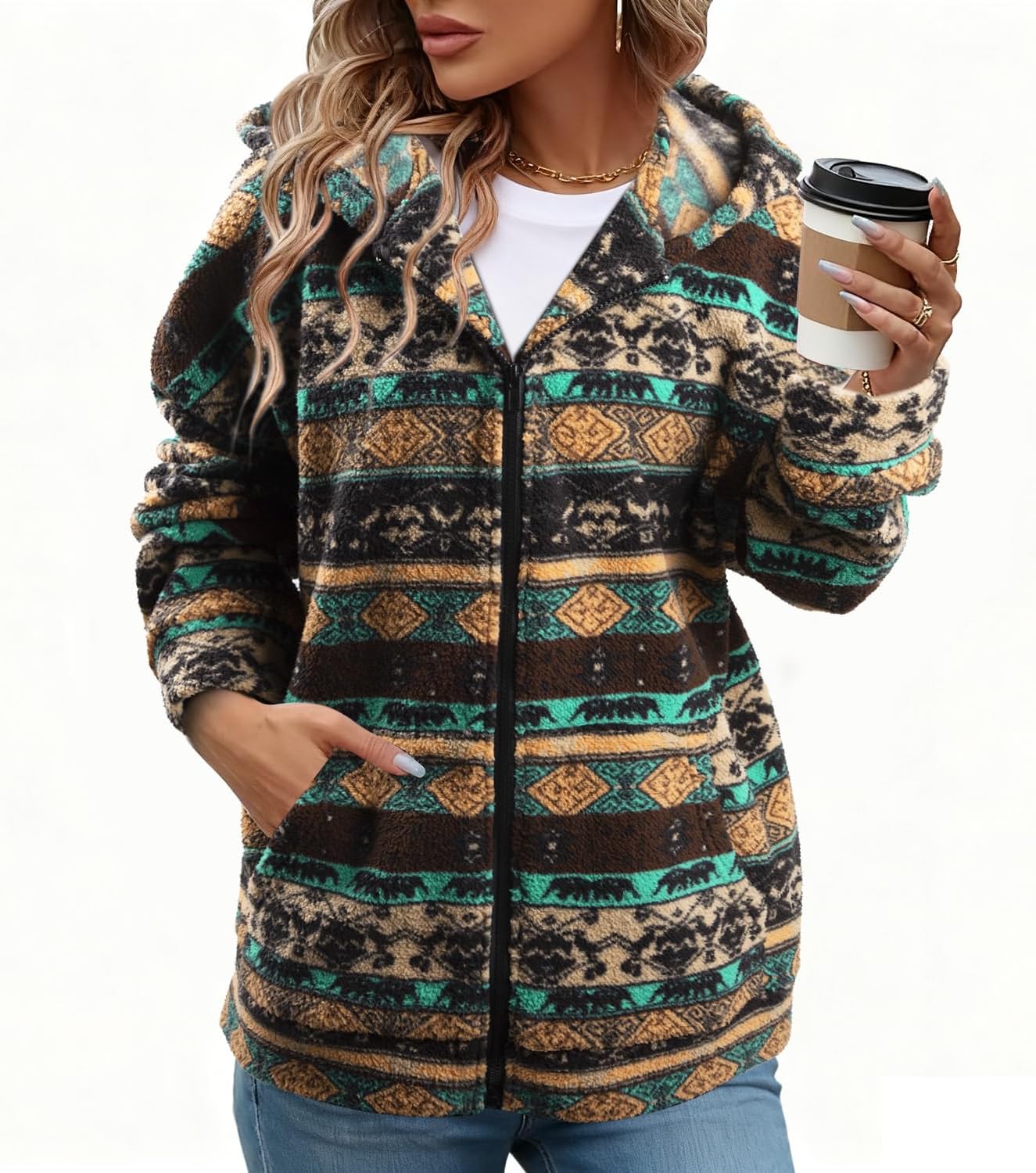 LUKYCILD Womens Western Aztec Print Zip up Hoodies Sweatshirt Sherpa Fleece Jacket Coat with Pockets Casual Warm Outwear - Image 6
