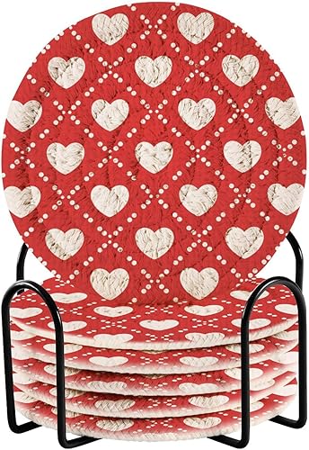 innewgogo Valentine's Day Red Herat 6 Pcs Absorbent Drink Coasters for Tabletop Protection Handmade Round Woven Coaster with Holder & Heat Water