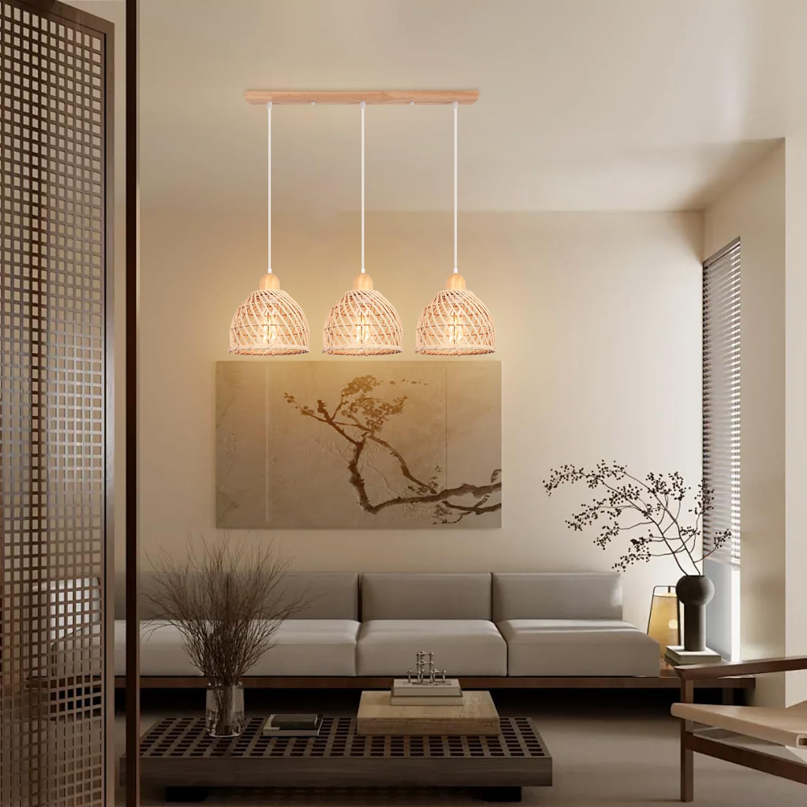 iDEGU 3 Lampade a Sospensione, Moderna, Lampada da Soffitto, in Legno e Bambù, Spirale, Vintage, E27, Lampada da Soffitto, Retro, Lampada a Sospensione, Rattan, per Sala da Pranzo, Cucina, Soggiorno