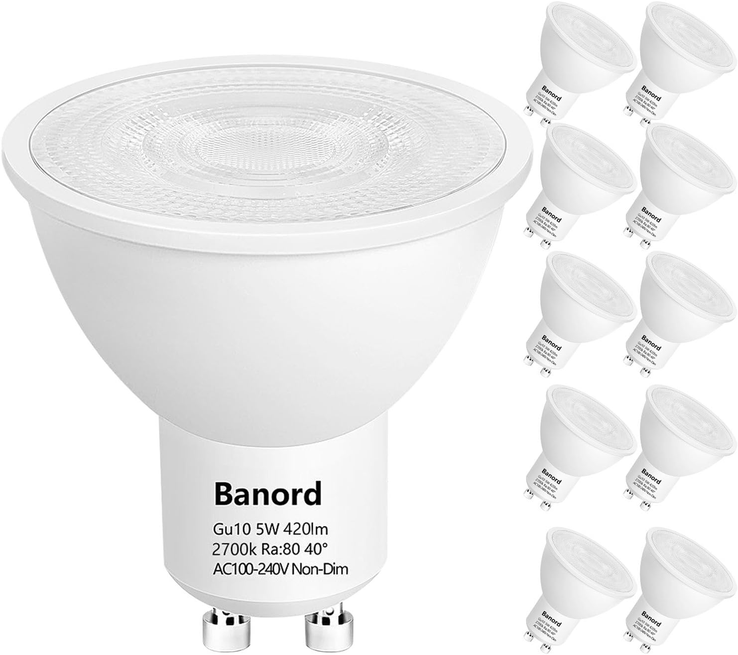 Banord 10 Pack 5W LED GU10 Bulbs, 50W Halogen Bulbs Equivalent Soft Warm White 2700K Spotlight,420lm 40 Degree Beam Angle GU10 LED Light Bulbs for Household, Office, Restaurants, Stores, NOT Dimmable