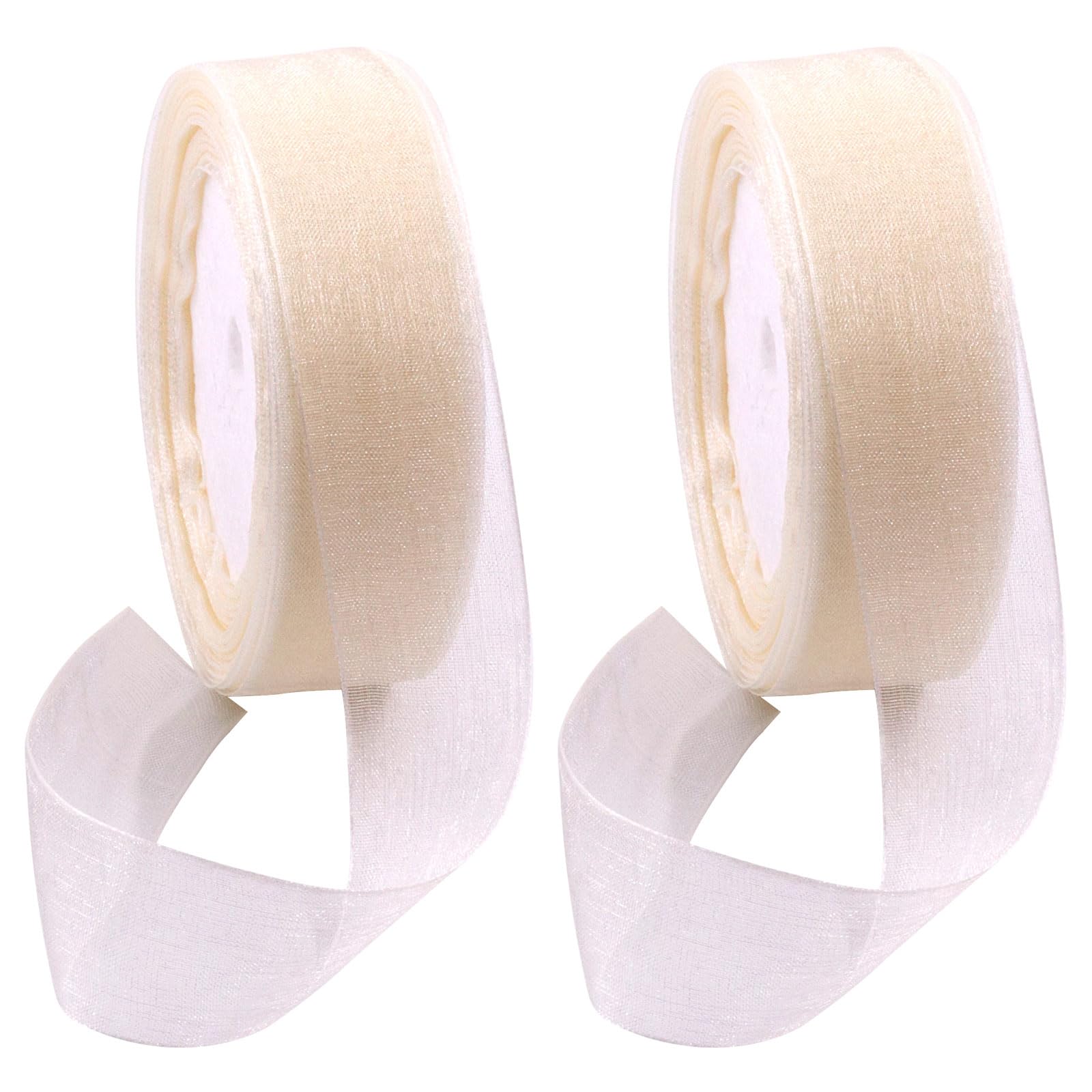 Swpeet 2 Rolls 50 Yards x 1 Inch Beige Shimmer Sheer Fabric Ribbons Organza Ribbon, Transparent Sheer Ribbon Chiffon Fabric Ribbons for Bouquets Wedding Birthday Decoration