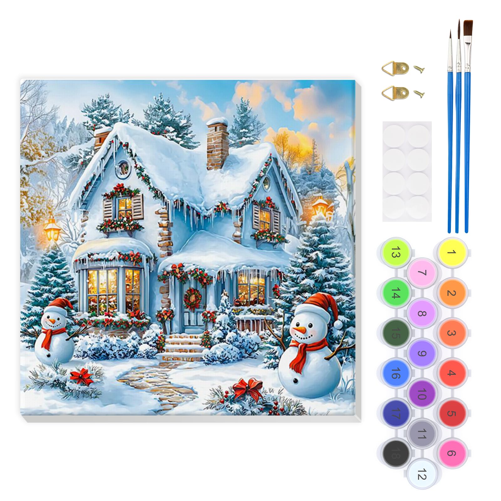 EOBROMD Snow House Paint by Numbers for Adults Beginner with Frame, Christmas Cottage Paint by Numbers Kits, Painting by Numbers on Canvas, DIY Acrylic Painting Kit for Home Wall Decor 8x8inch