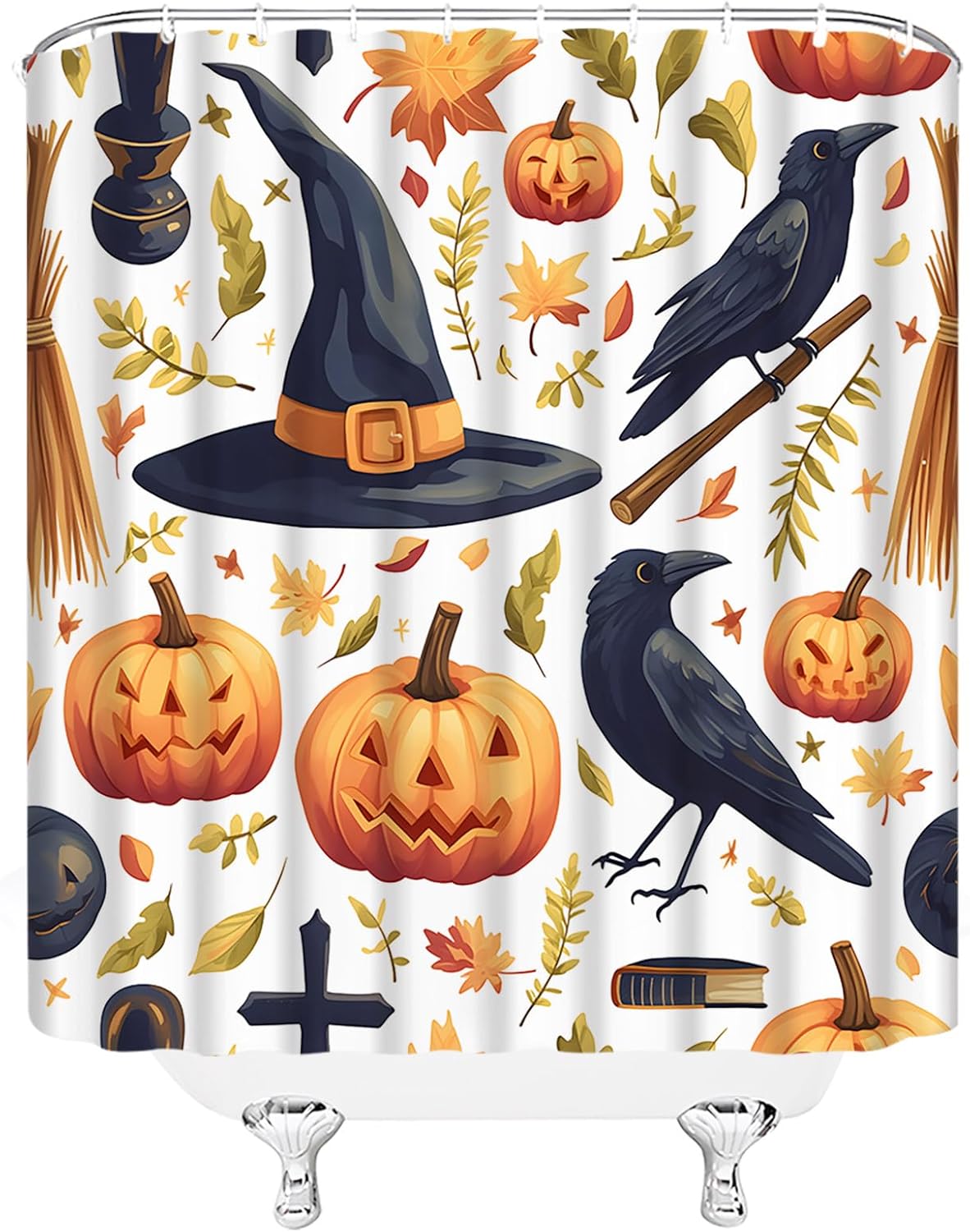 Spooky Halloween Shower Curtain Black Alchemy Magic World Witch Crow Pumpkin Gothic Halloween Fabric Bathroom Decor Set with Hooks,(70" Wx84 H)
