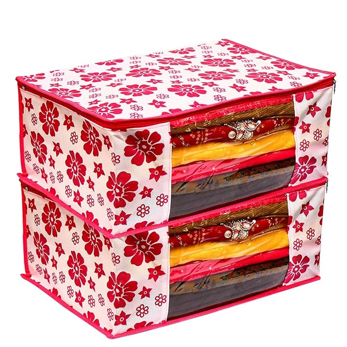 Perpetual Saree Organizer For Wardrobe -Large Size Foldable Saree Covers With Zip, Multipurpose Storage Bag For Suit, Lehanga, Dress Packing With Transparent Window Pack of 2 Pcs. (wflwr2) at Rs. 129