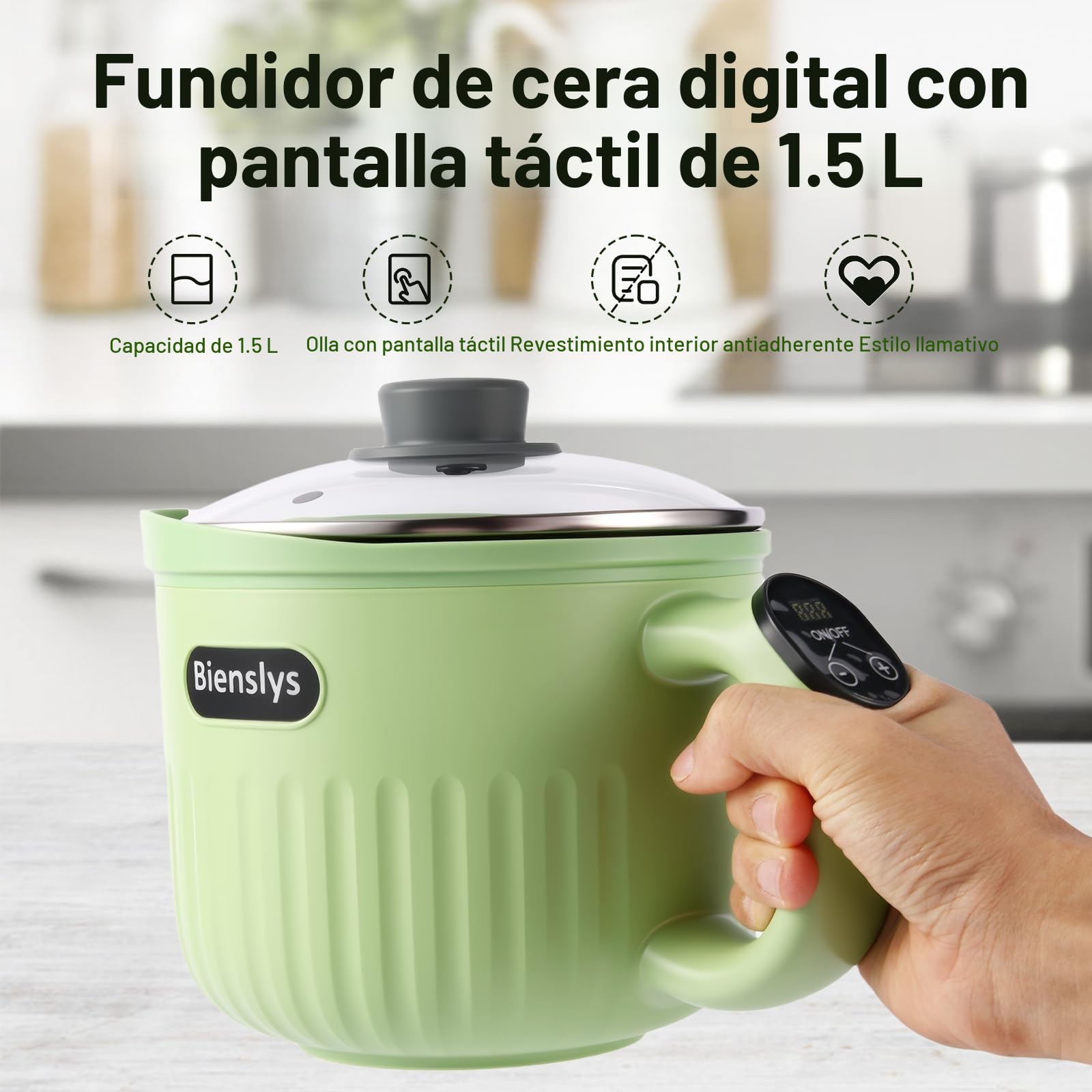 Bienslys Olla eléctrica para derretir cera 1,5 L. Pantalla táctil digital, control de temperatura preciso y revestimiento antiadherente. Ideal para velas, jabones y proyectos DIY Green