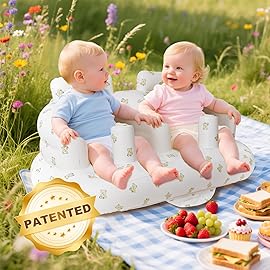 Baby Inflatable Seat for Twins Babies 3 Month and Up, Side-by-Side Double Inflatable Floor Chair for Sitting Up with Built in Air Pump, Blow Up Baby Chair for Infants - Twins Bear