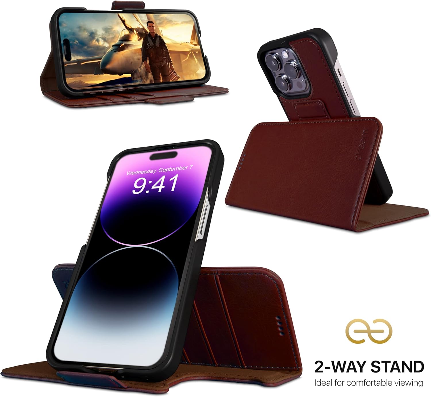 Dreem Wallet Case for iPhone 14 Pro, 2 Way Phone Stand, Magnetic Detachable Vegan Leather Flip Cover RFID Blocking Card Holder, MagSafe-Fit, Gift Box [Fibonacci: Coffee]