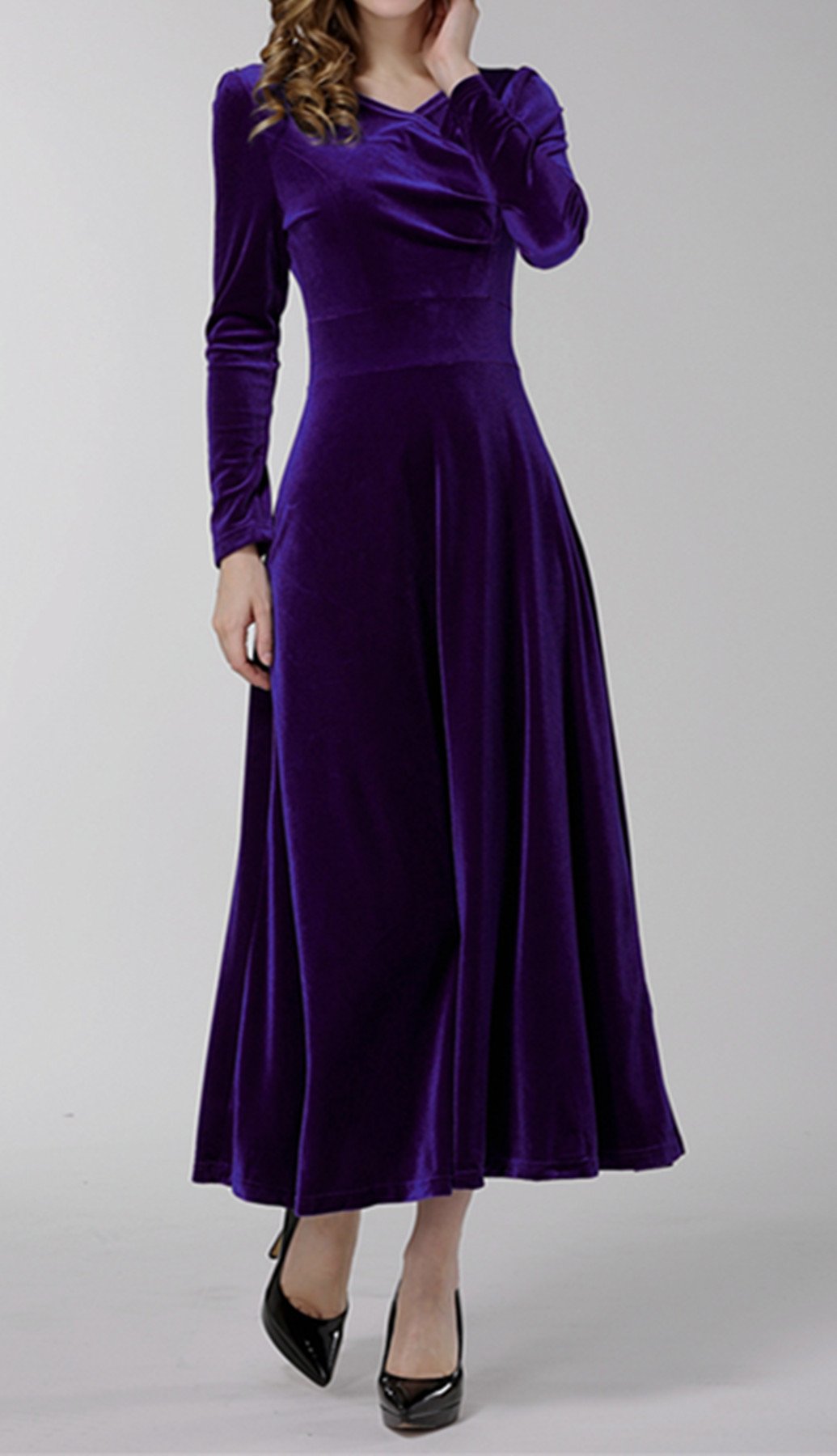 Robe trapèze longue en velours extensible avec col en V pour femme