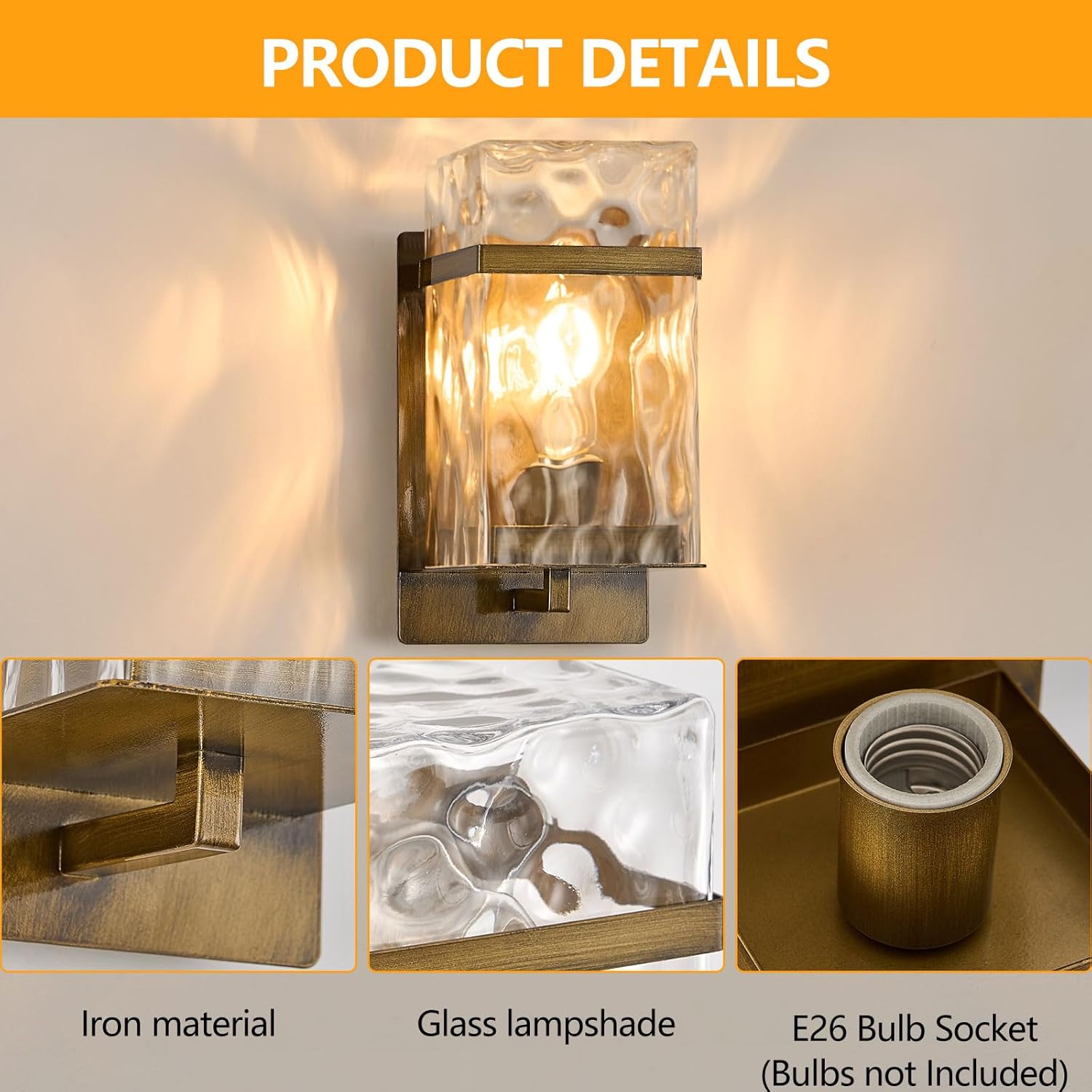 Outdoor Wall Light, Vintage Gold Exterior Waterproof Lanterns,Porch Sconces Wall Mounted Lighting with E26 Sockets & Glass Shades, for Garage,Doorway,Patio,Front Door